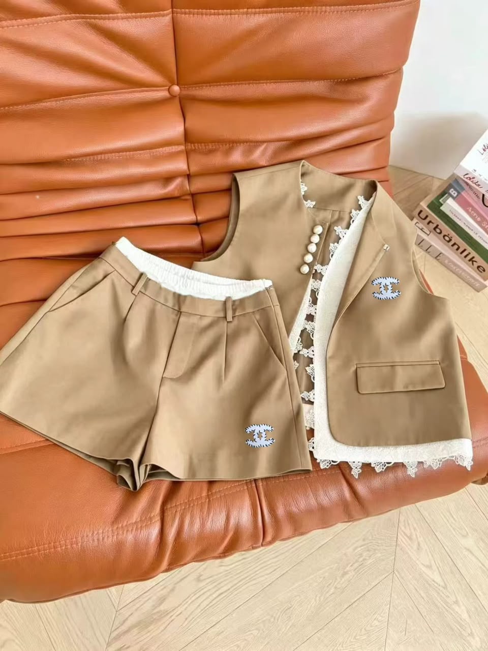 Chanel Beige Sleeveless Vest with Pearl Set