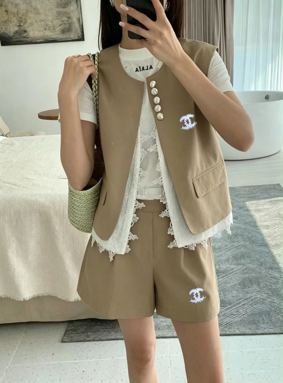 Chanel Beige Sleeveless Vest with Pearl Set