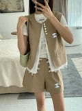 Chanel Beige Sleeveless Vest with Pearl Set