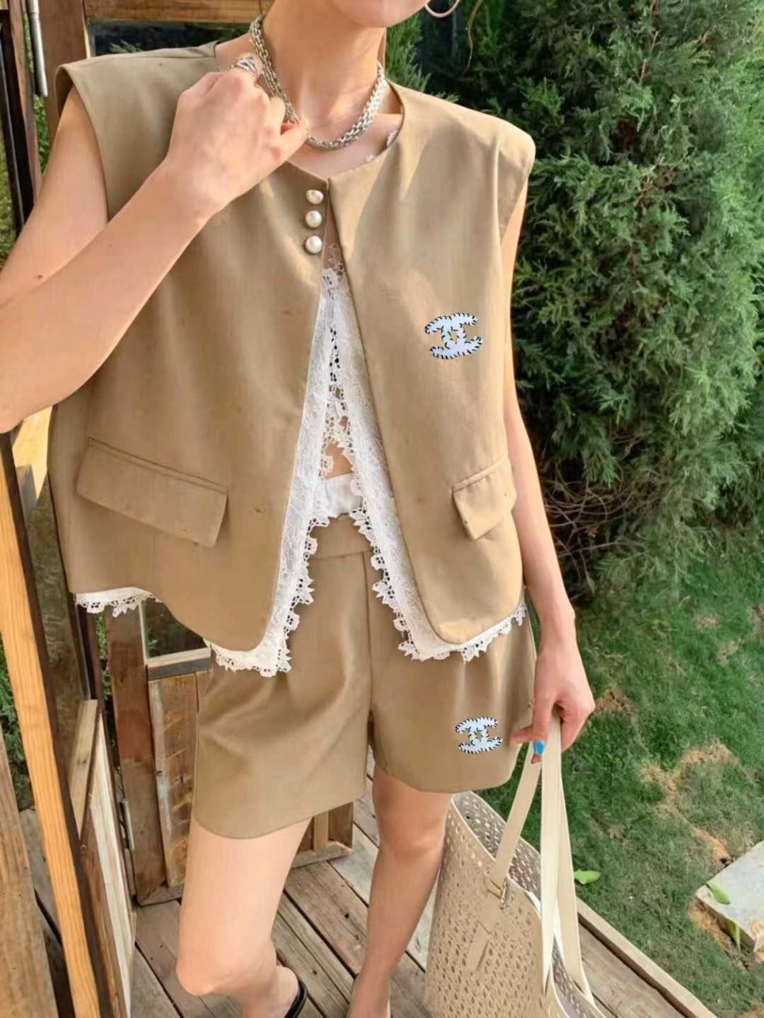 Chanel Beige Sleeveless Vest with Pearl Set