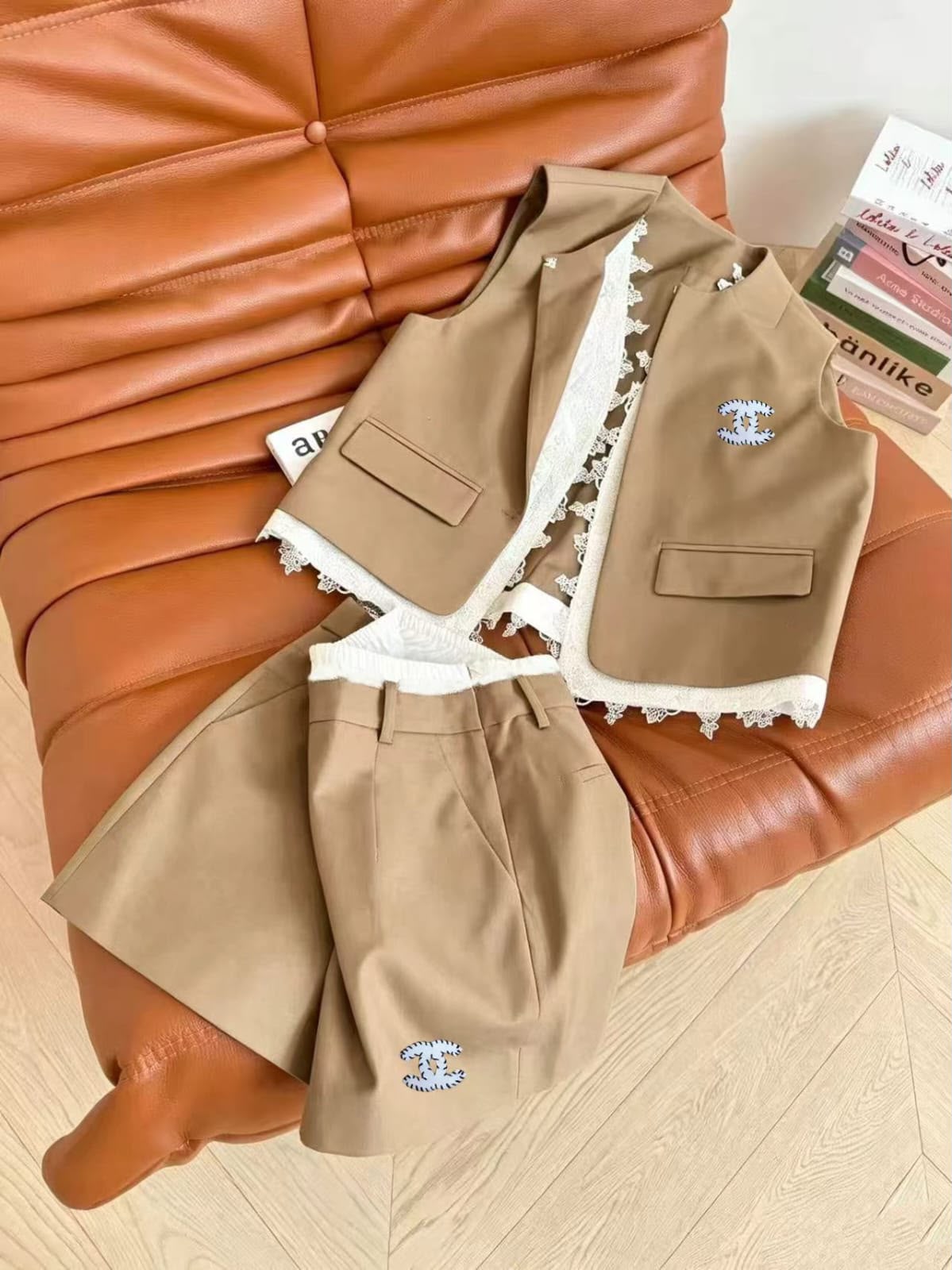 Chanel Beige Sleeveless Vest with Pearl Set