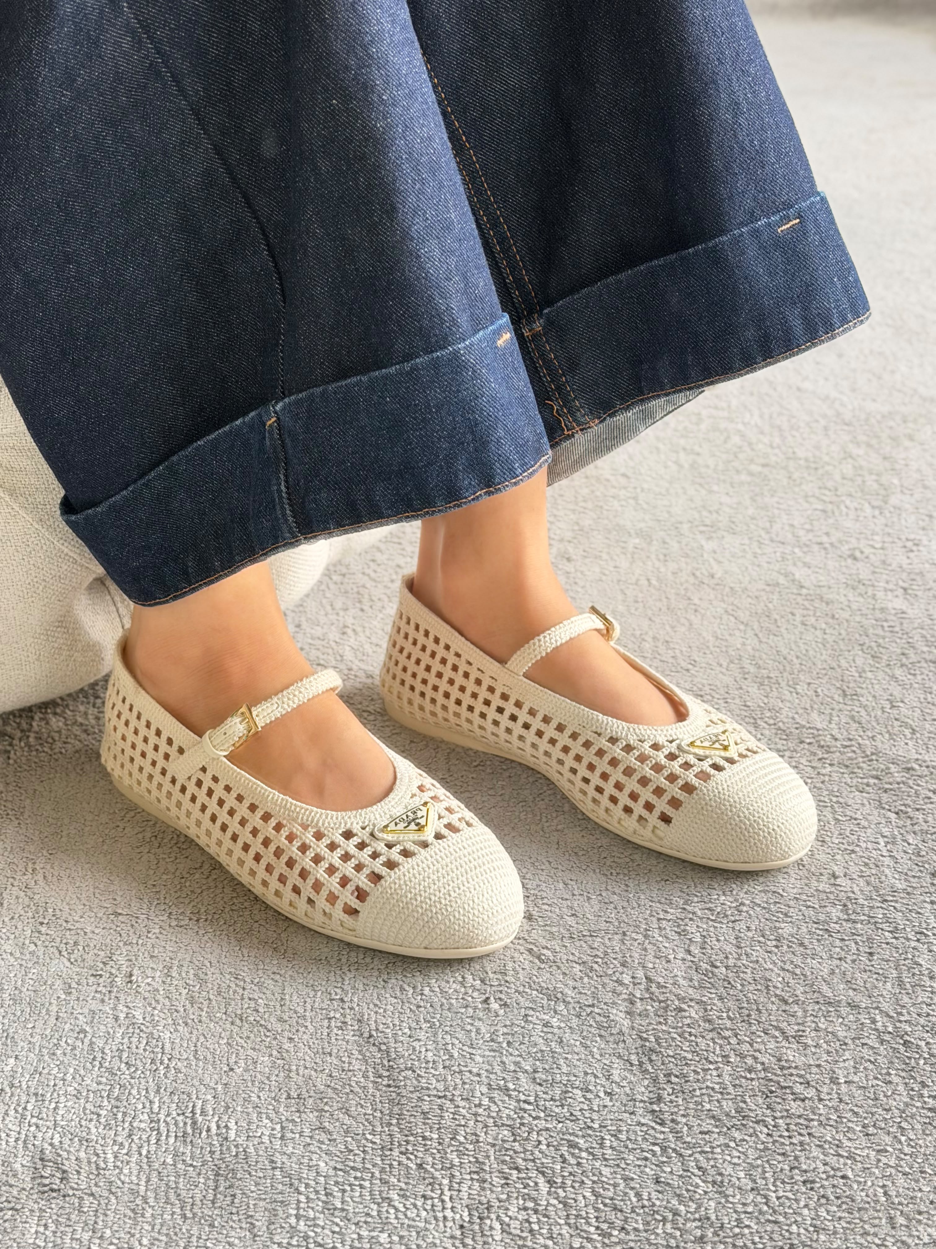 Prada Ivory Crochet Ballerinas