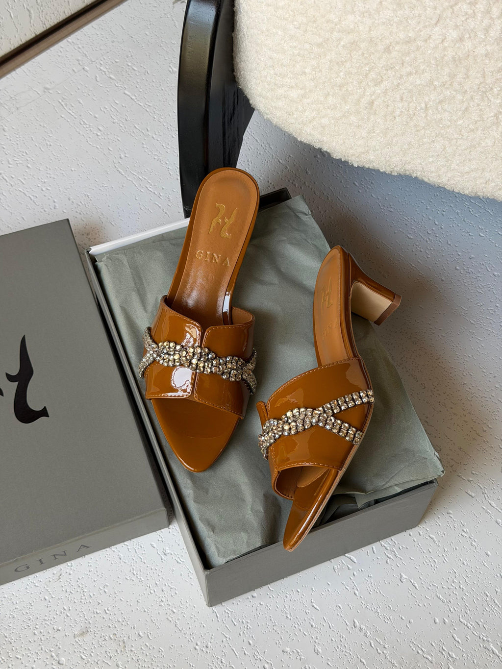 Gina Celine Mules in Chestnut Patent