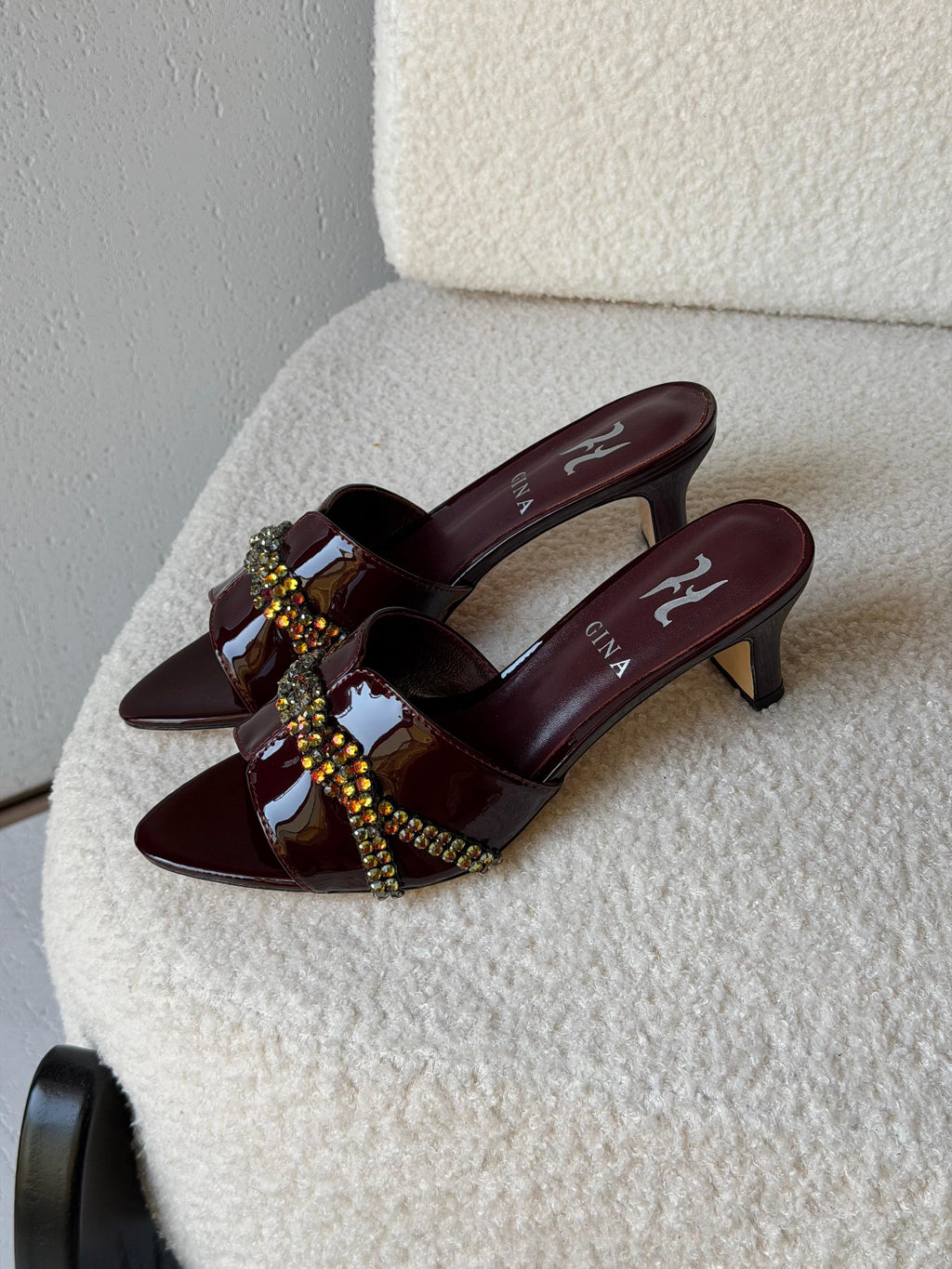 Gina Celine Mules in Chestnut Patent