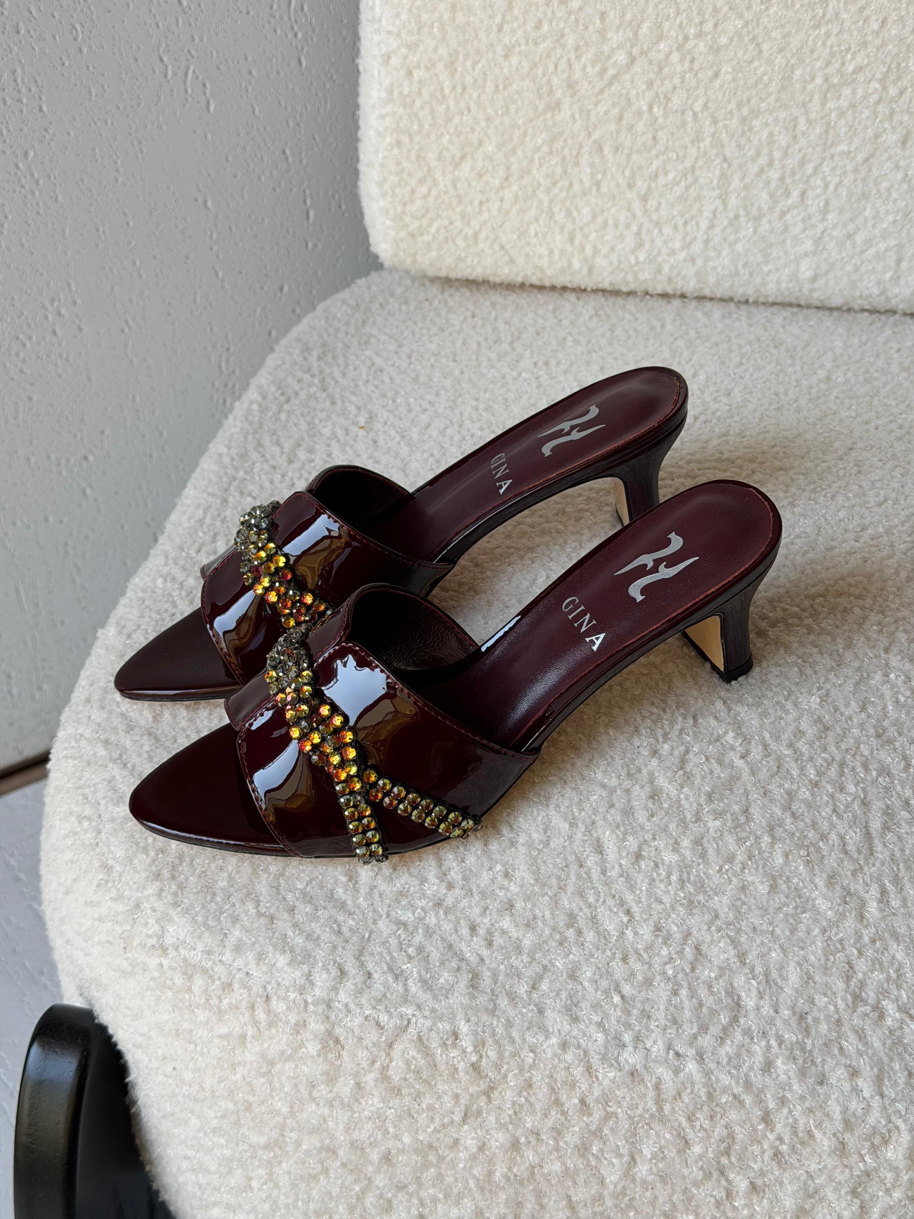 Gina Celine Mules in Chestnut Patent