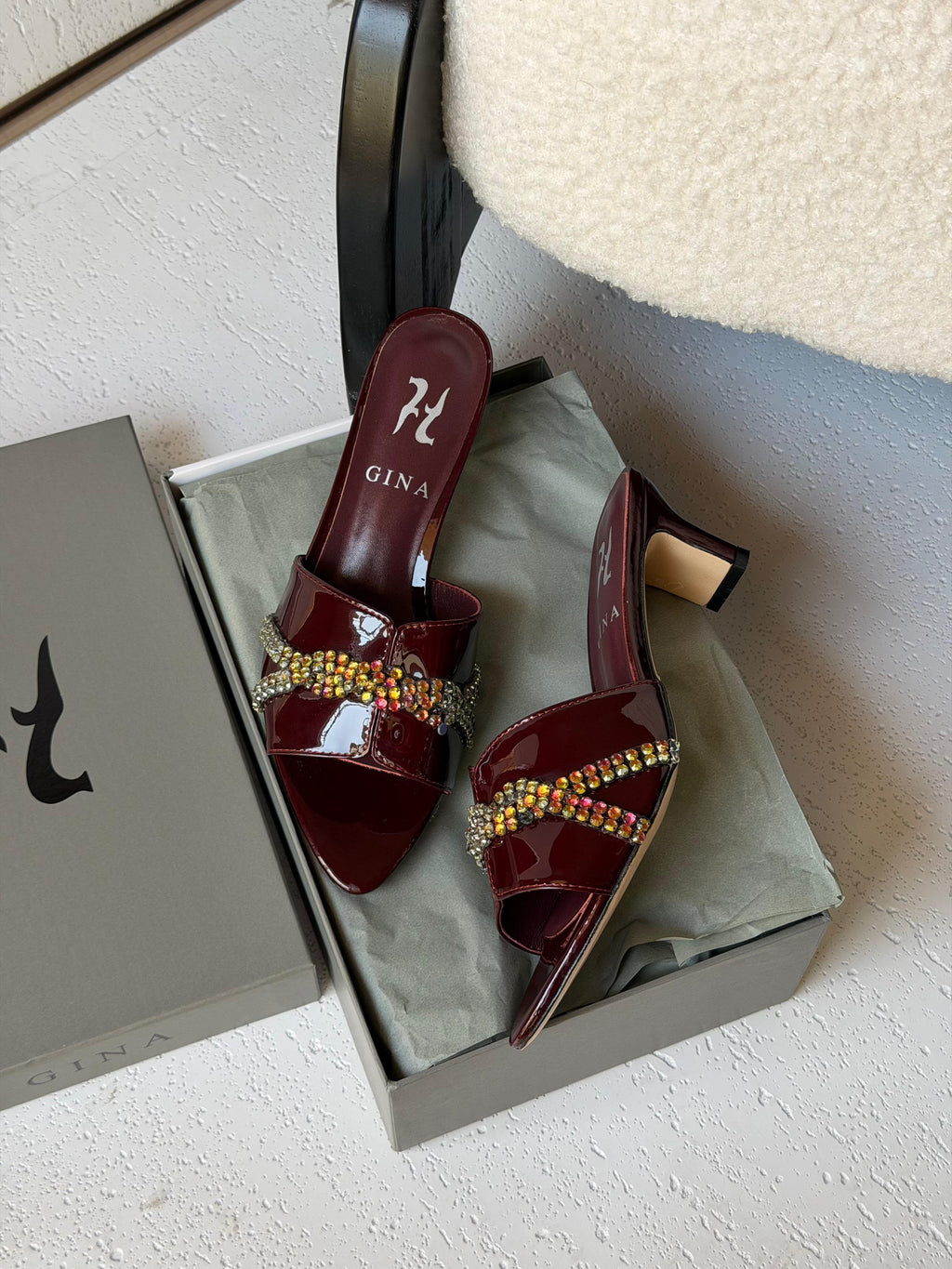 Gina Celine Mules in Chestnut Patent