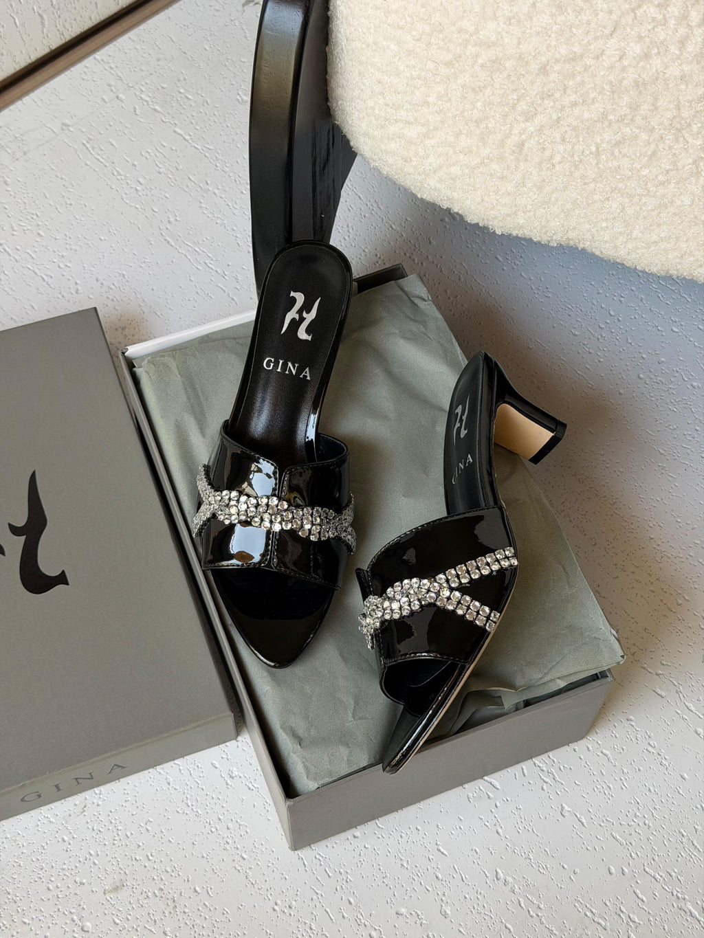 Gina Celine Mules in Chestnut Patent