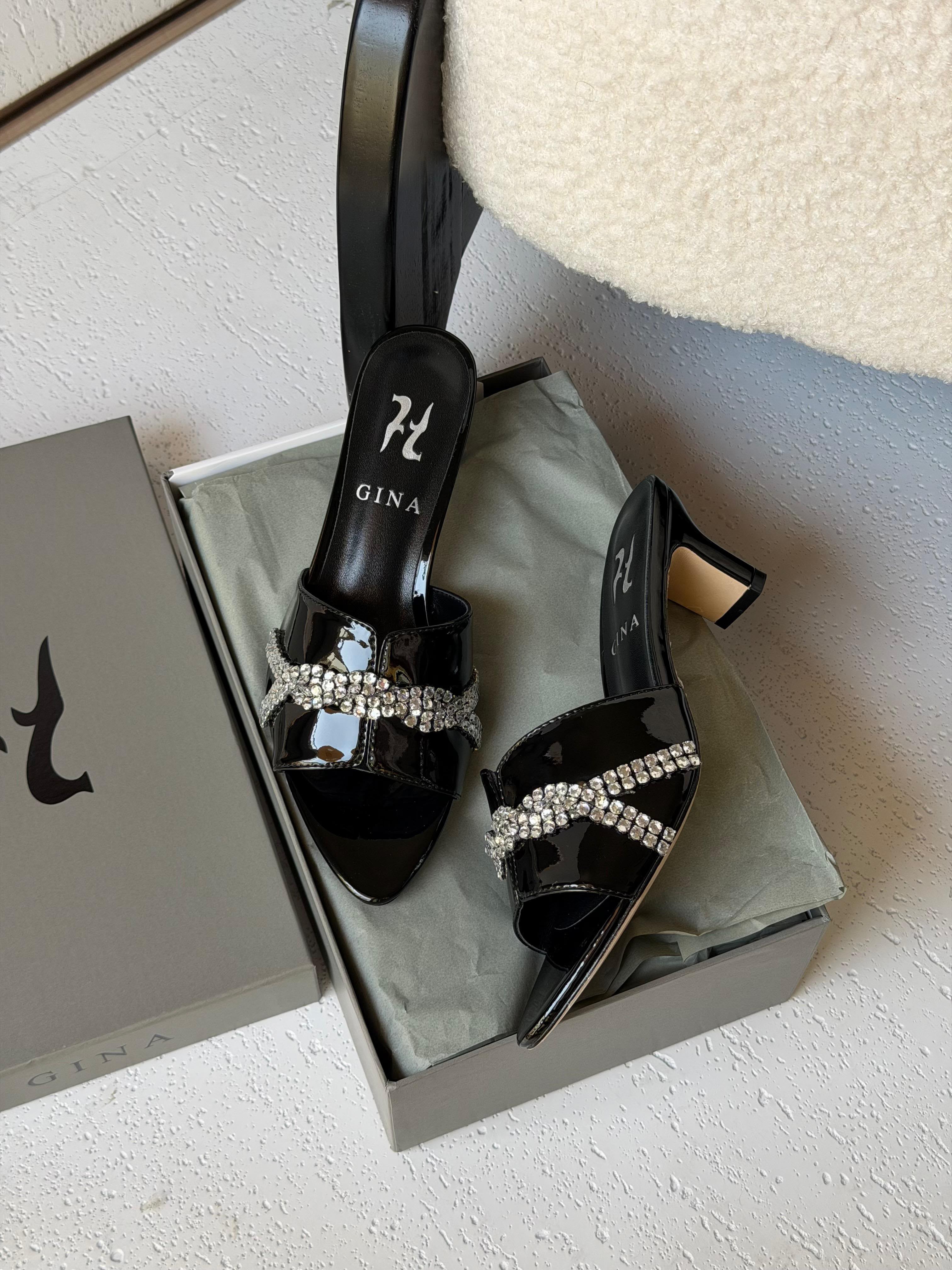 Gina Celine Mules in Chestnut Patent