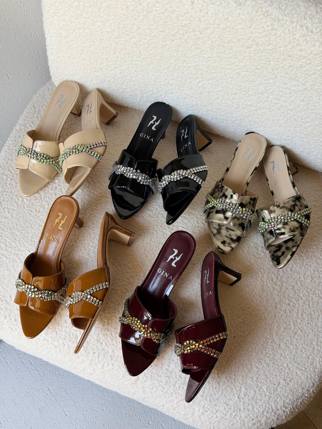 Gina Celine Mules in Chestnut Patent