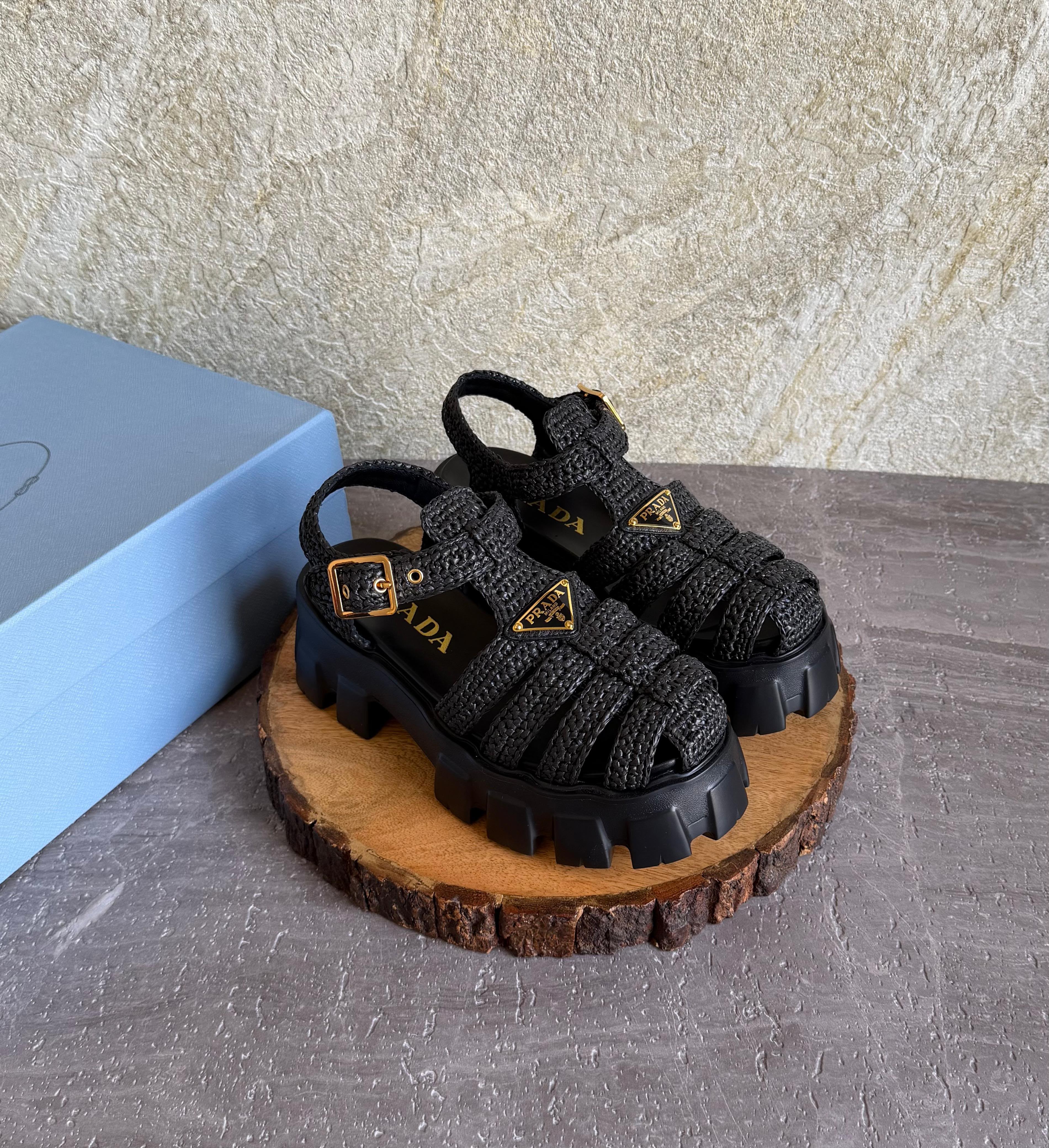 Prada Monolith Crochet Cage Sandals