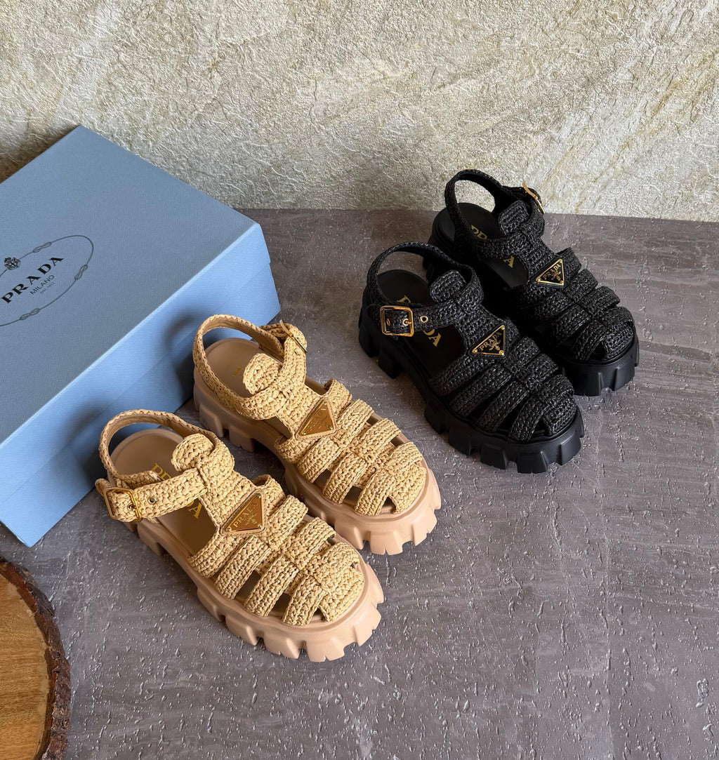 Prada Monolith Crochet Cage Sandals