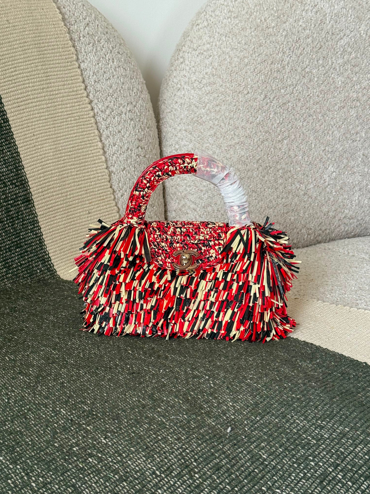 Chanel Raffia Fringe Nano Kelly Shopper Bag