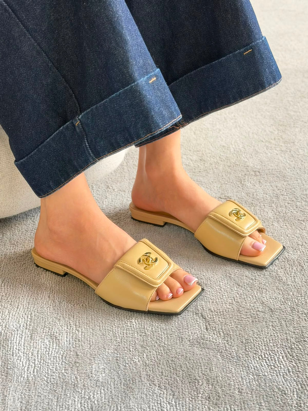 Chanel Double C Buckle Square Toe Turnlock Slipper