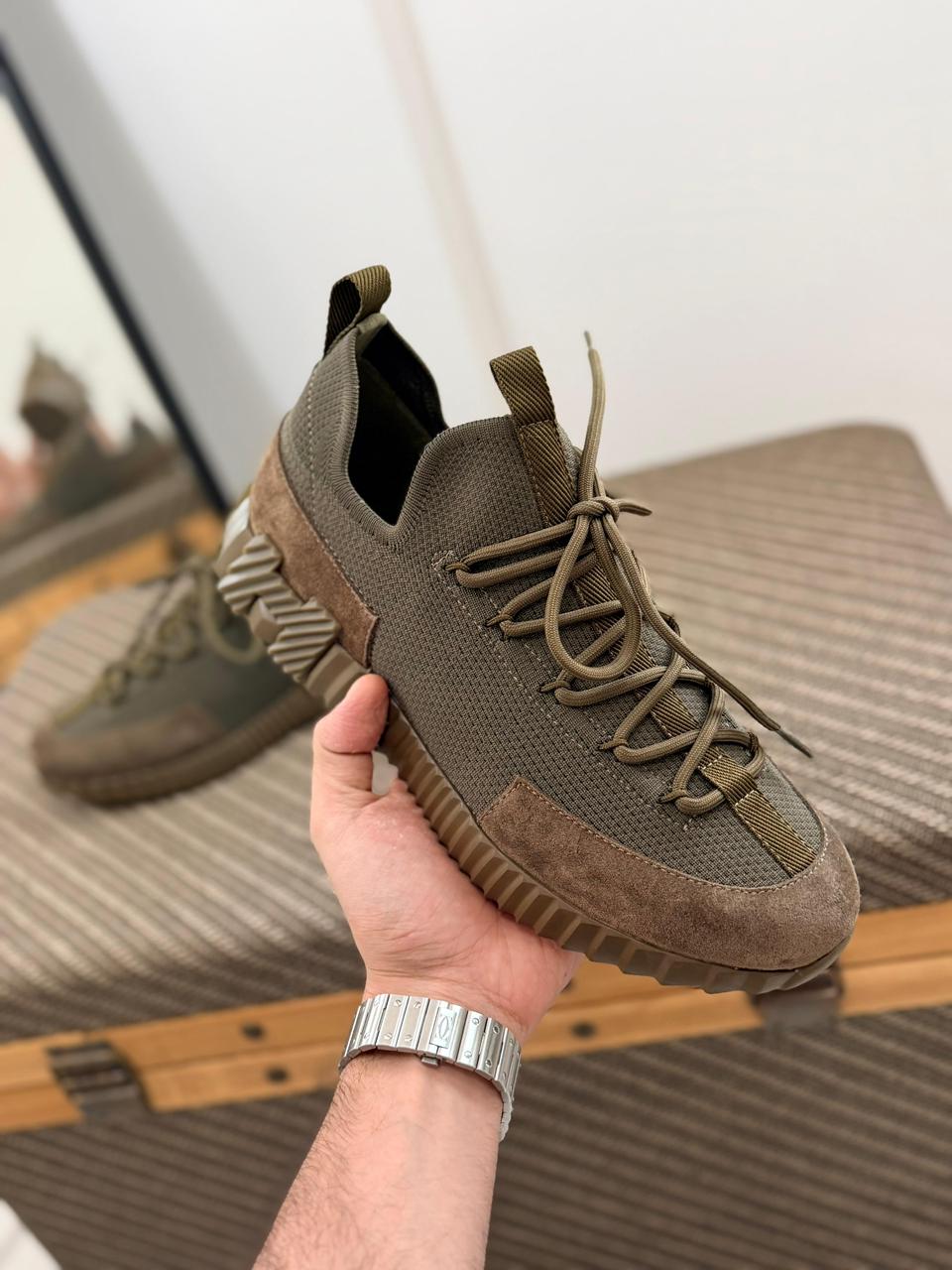 Hermes Lift Sneaker in Khaki Green Knit and Suede