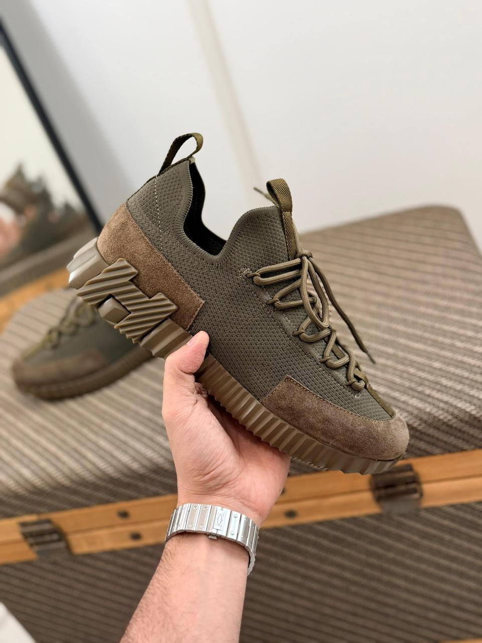 Hermes Lift Sneaker in Khaki Green Knit and Suede