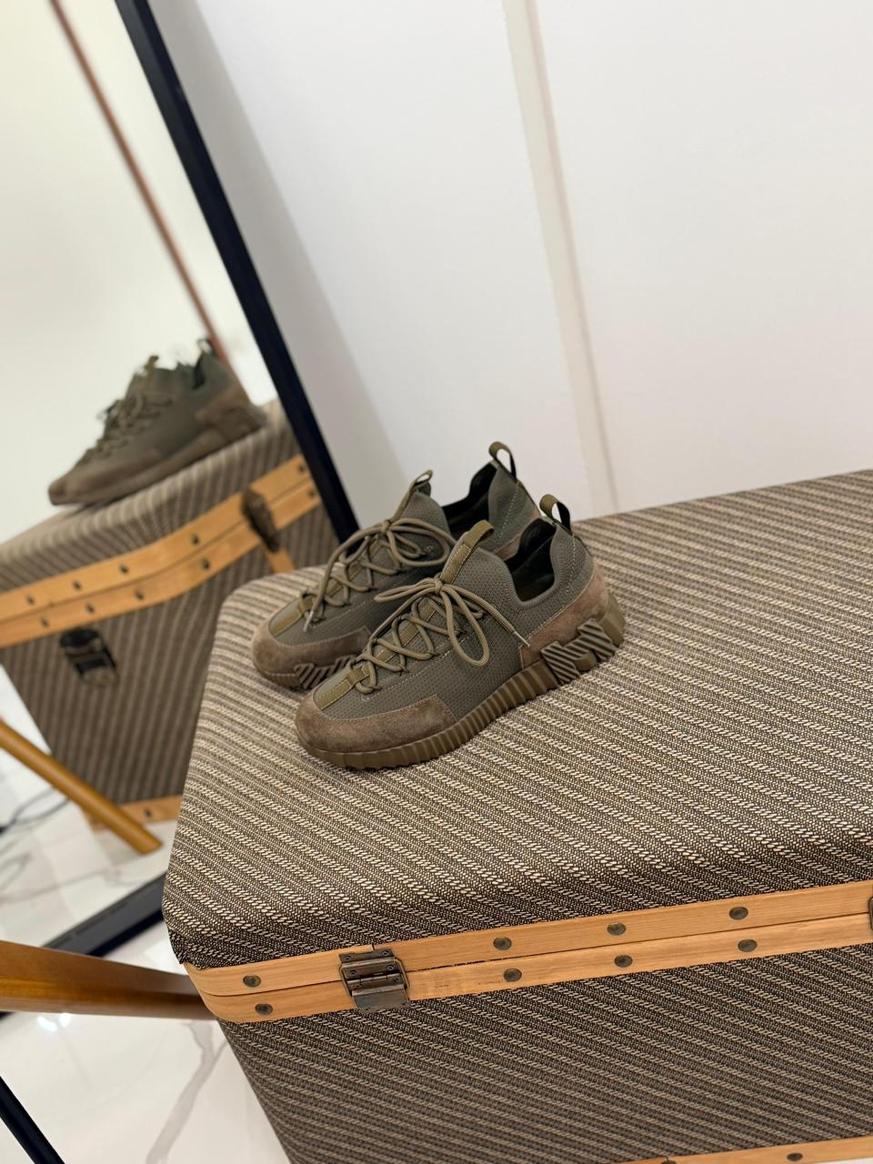 Hermes Lift Sneaker in Khaki Green Knit and Suede
