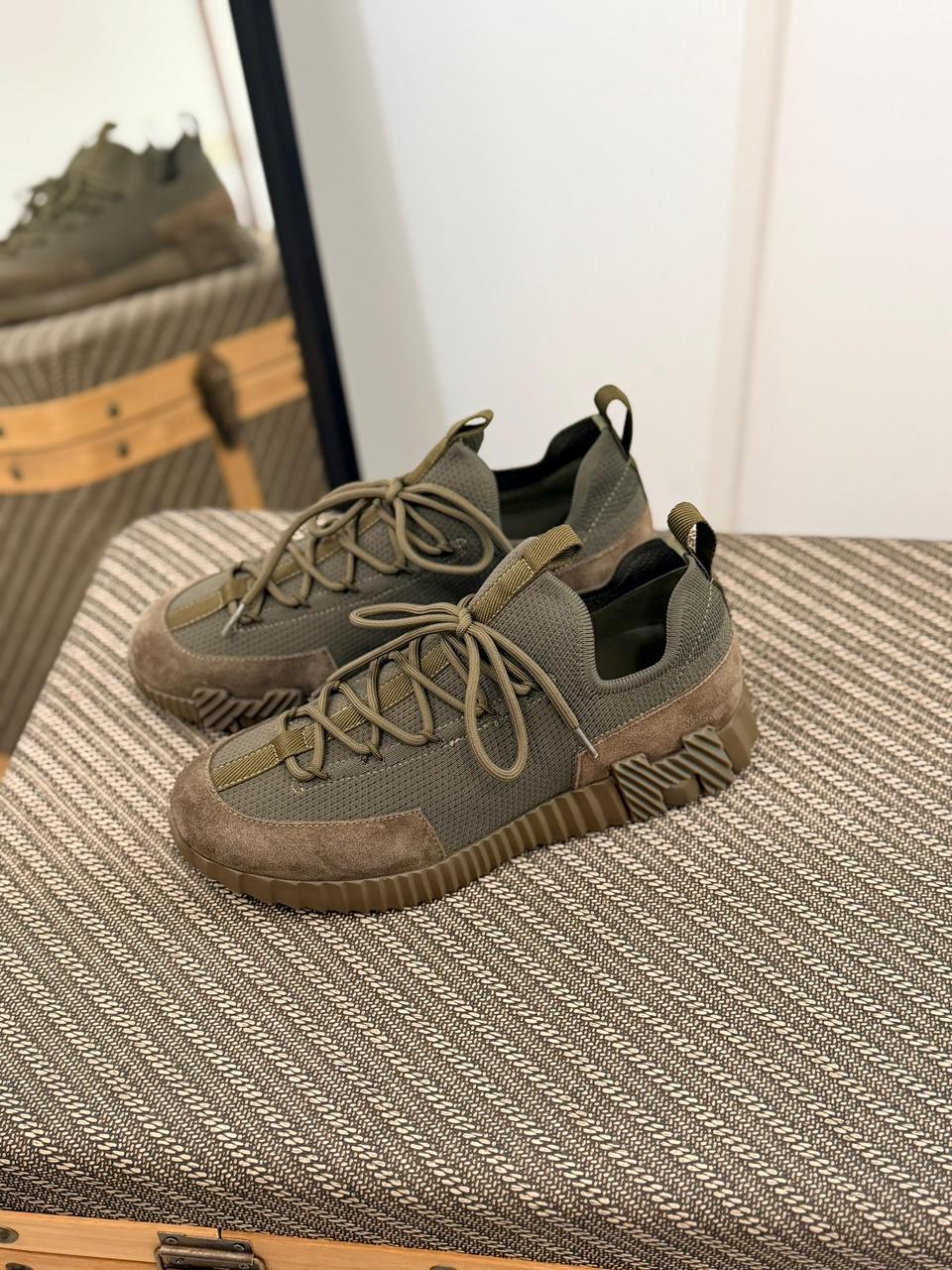 Hermes Lift Sneaker in Khaki Green Knit and Suede