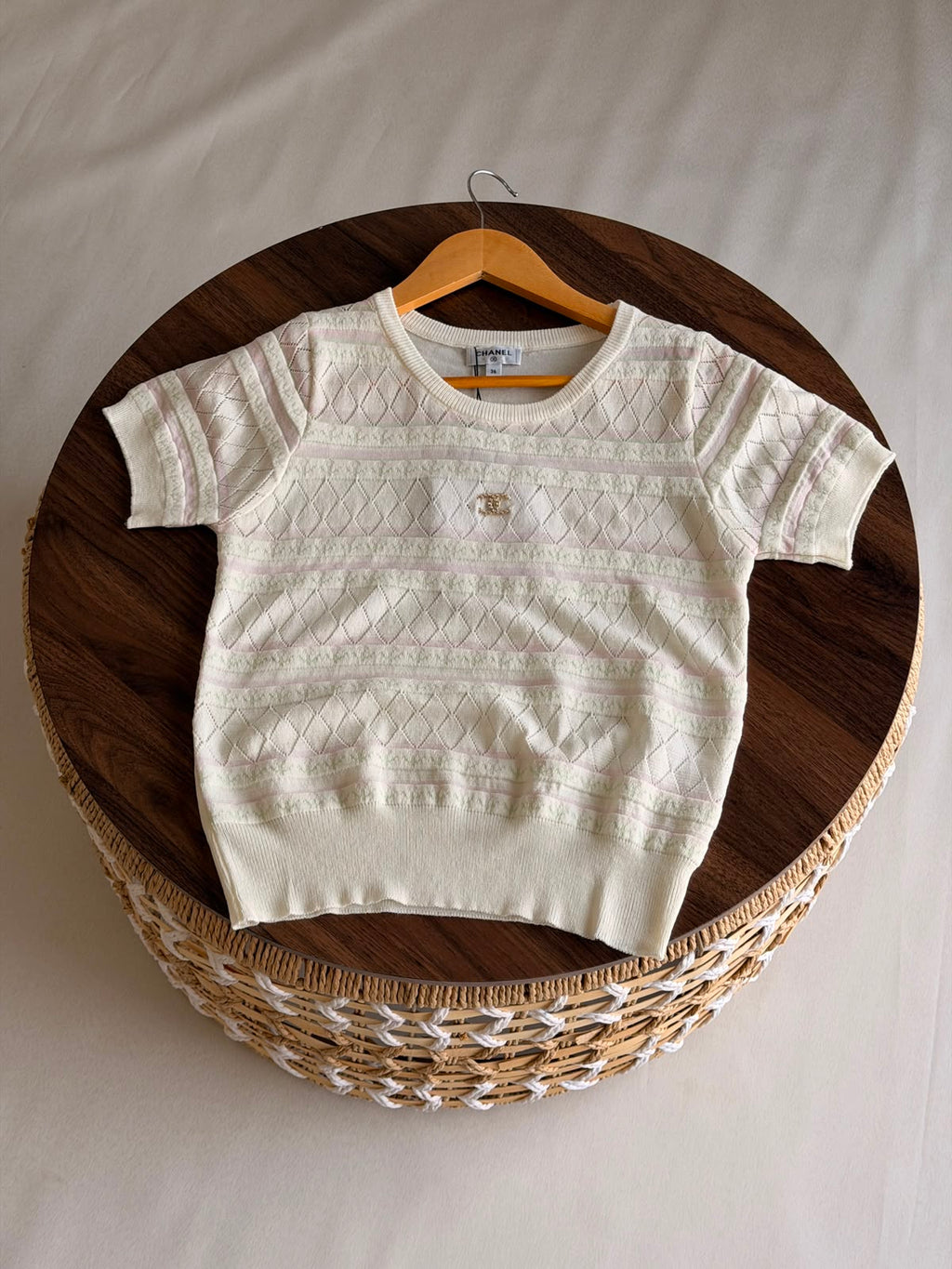 Chanel Chevron Pointelle Open-Knit Short-Sleeve Top