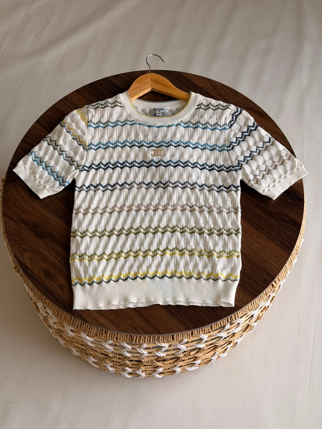 Chanel Chevron Pointelle Open-Knit Short-Sleeve Top
