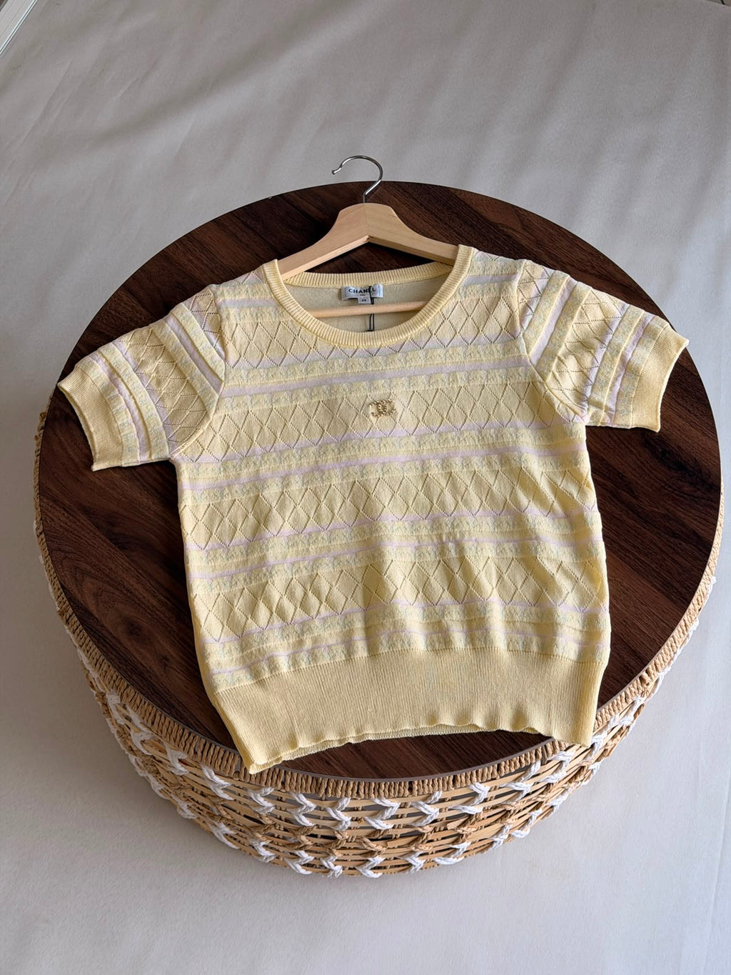 Chanel Chevron Pointelle Open-Knit Short-Sleeve Top