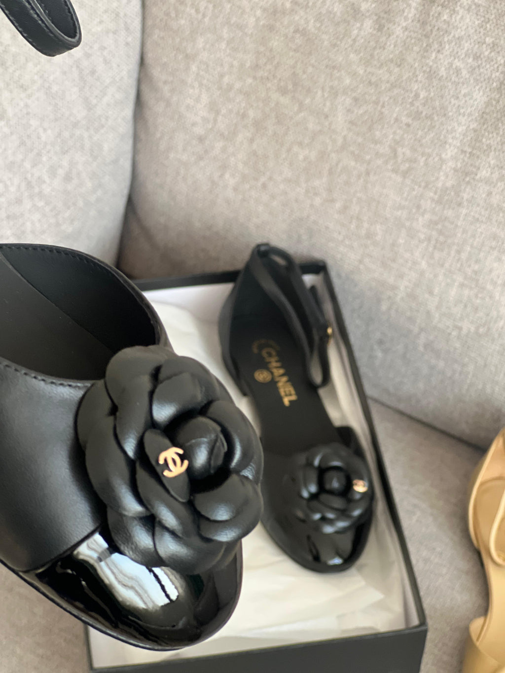 Chanel Lambskin Patent Calfskin Cap Toe Camellia Mary Jane Flats