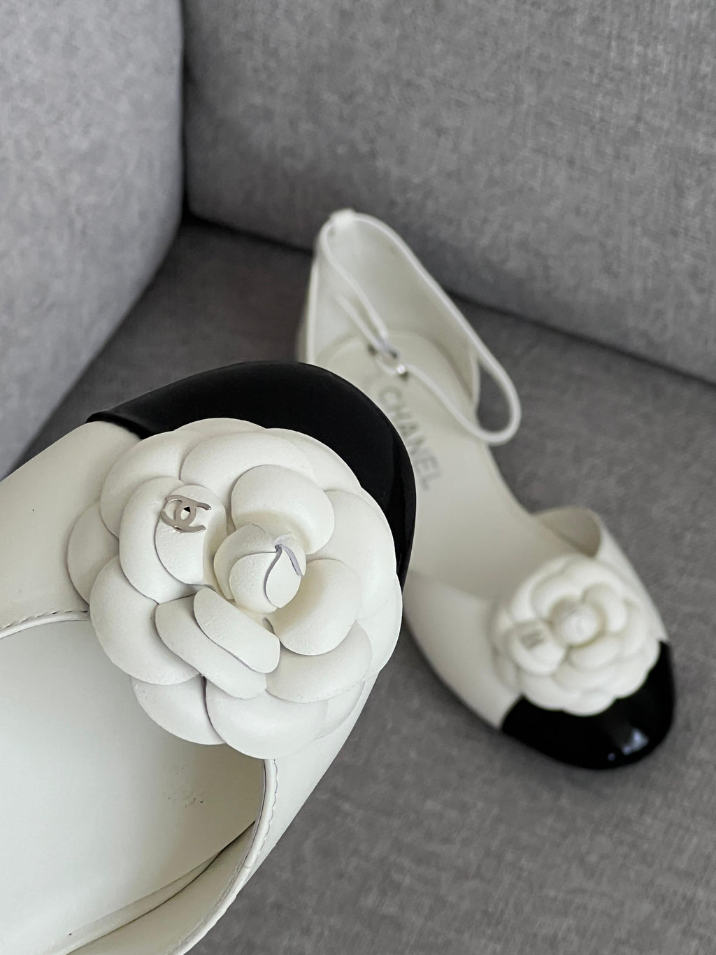 Chanel Lambskin Patent Calfskin Cap Toe Camellia Mary Jane Flats