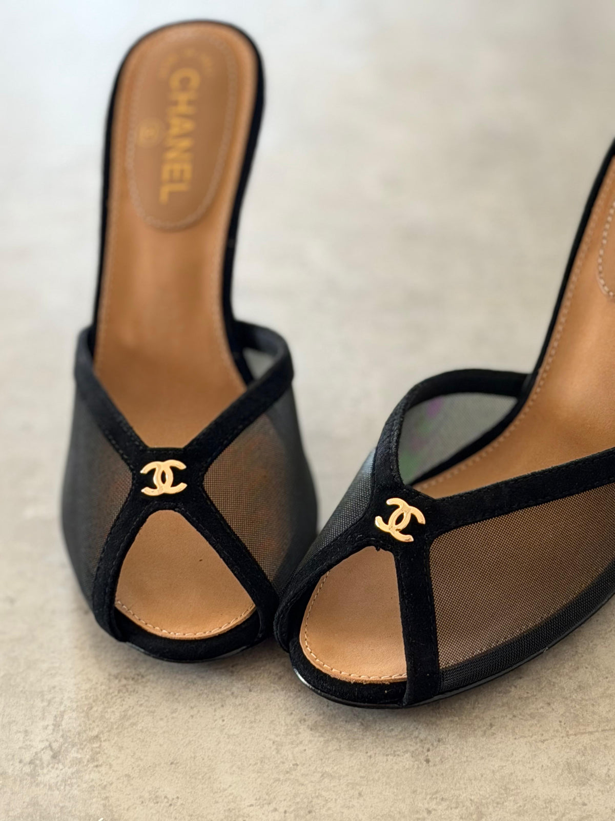 Chanel Mesh Peep-Toe CC Mules