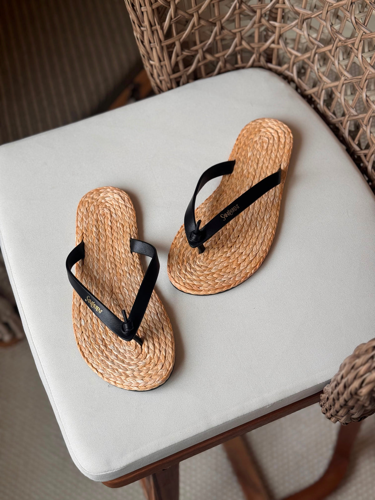 Saint Laurent Pool Knotted Leather and Raffia Flip-Flops