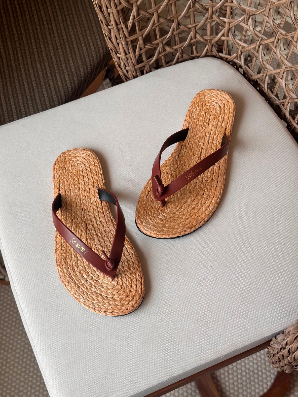 Saint Laurent Pool Knotted Leather and Raffia Flip-Flops