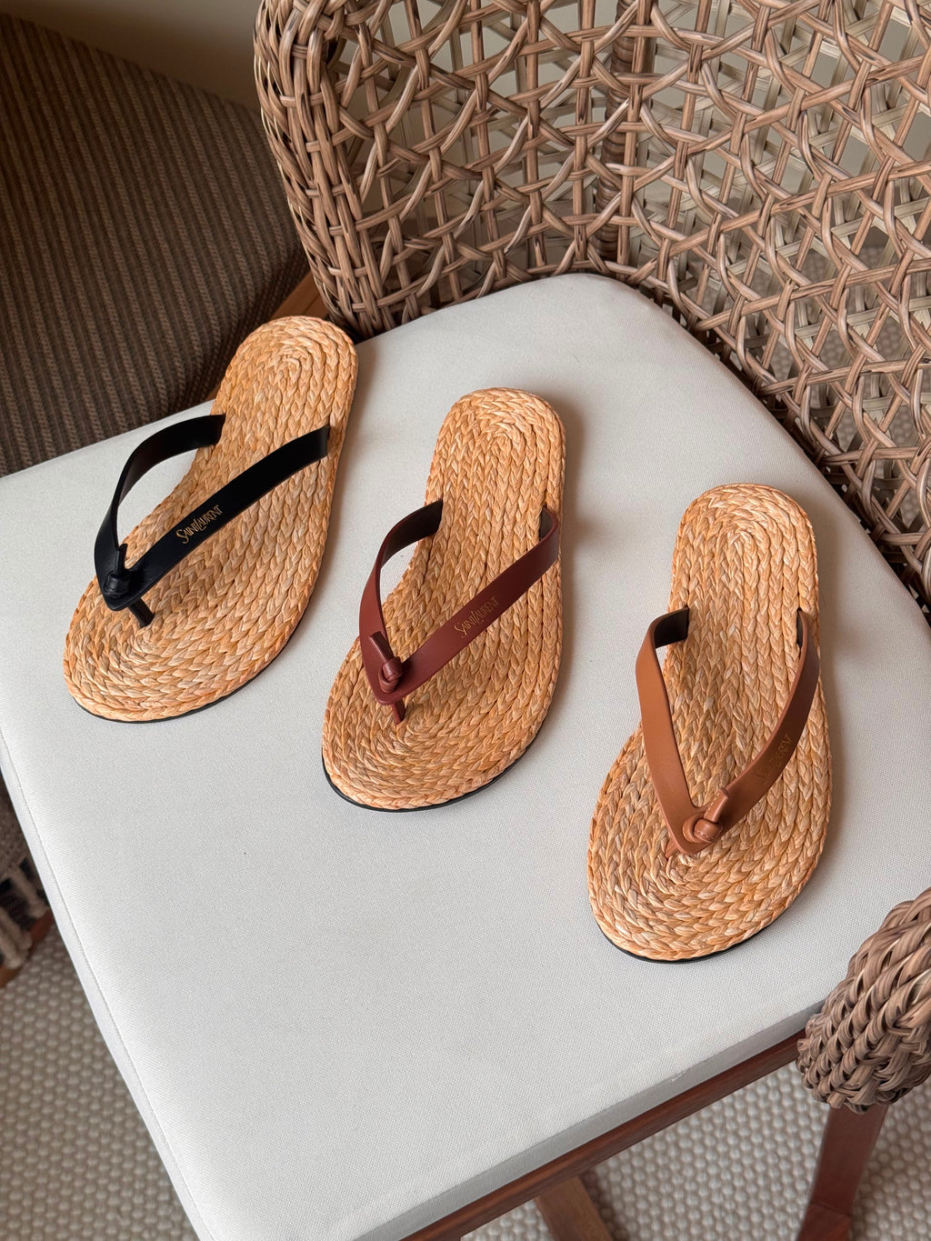 Saint Laurent Pool Knotted Leather and Raffia Flip-Flops