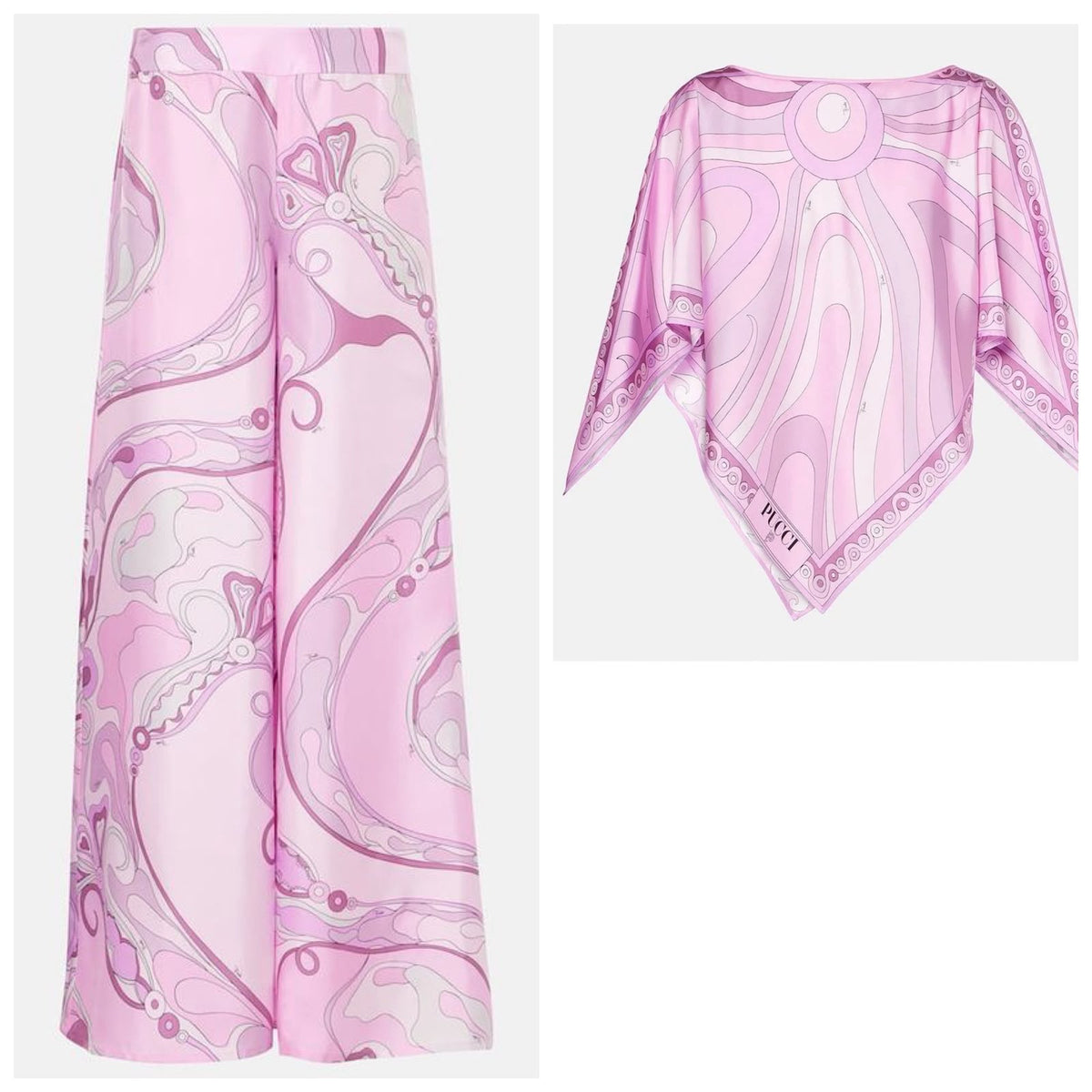 Pucci Pink-Print Silk-Twill Cape Top and Wide-Leg Pants Matching Set