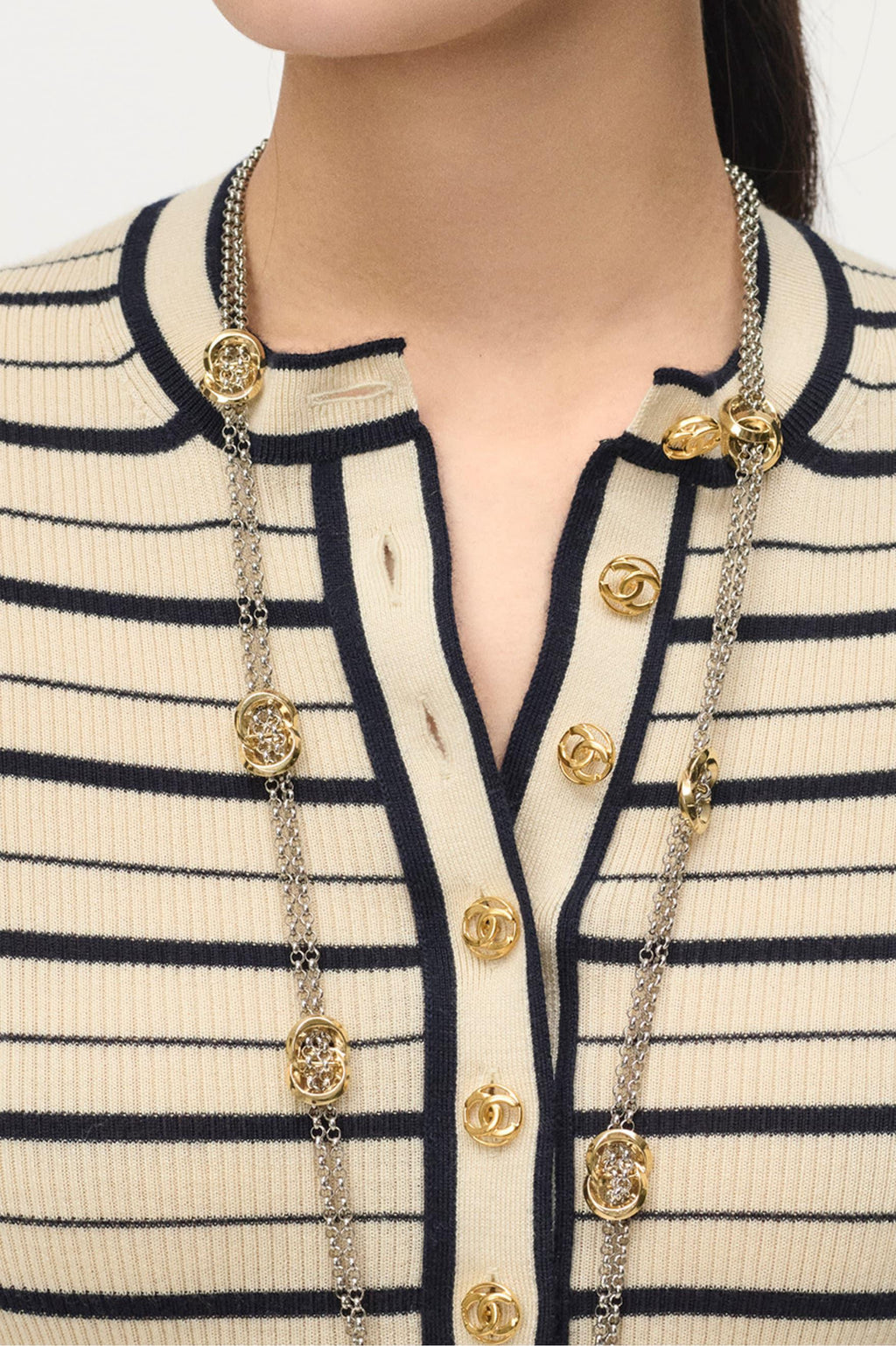 Chanel Ecru and Black Cashmere and Silk Striped Pullover