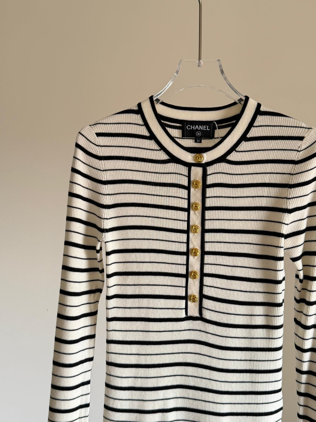 Chanel Ecru and Black Cashmere and Silk Striped Pullover
