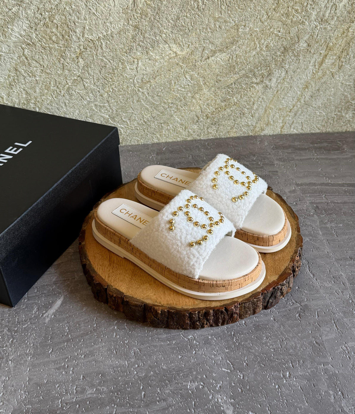 Chanel White Terrycloth Slide Sandal