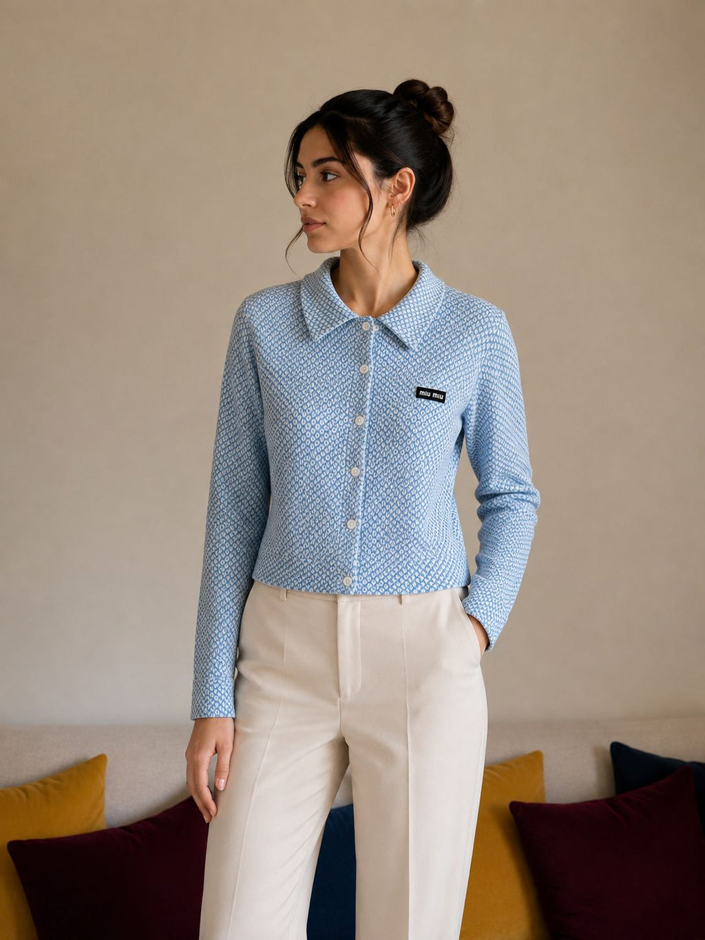 Miu Miu White / Sky Blue Cotton Shirt