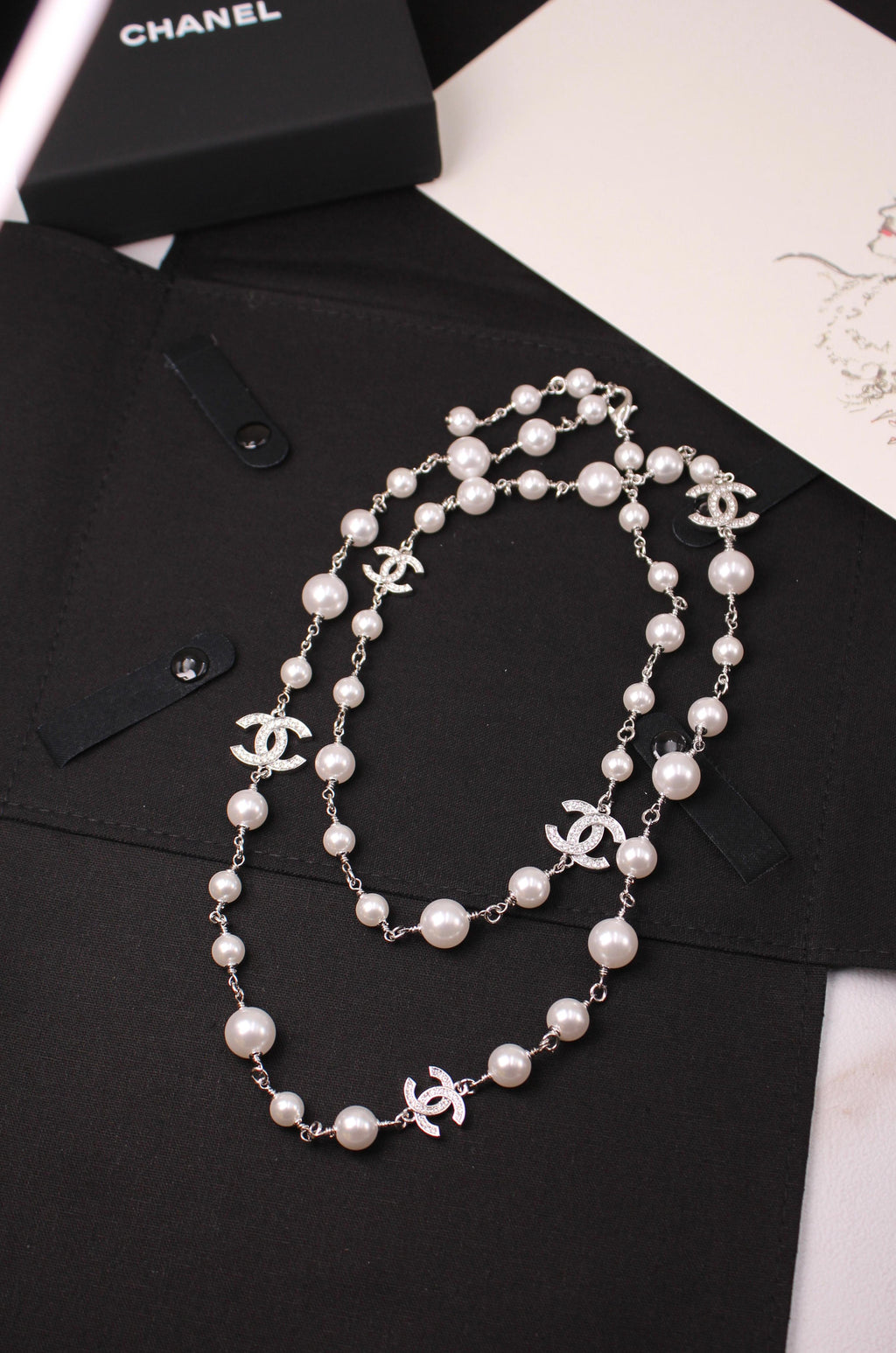 Chanel Crystal CC Glass Pearl Long Sautoir Necklace
