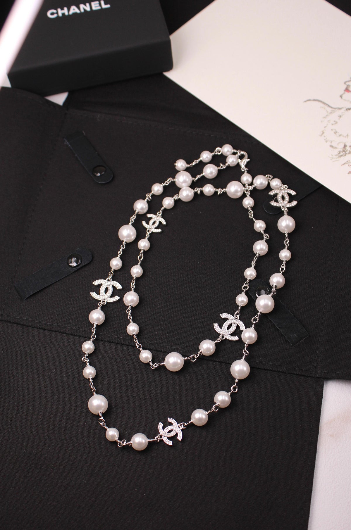 Chanel Crystal CC Glass Pearl Long Sautoir Necklace