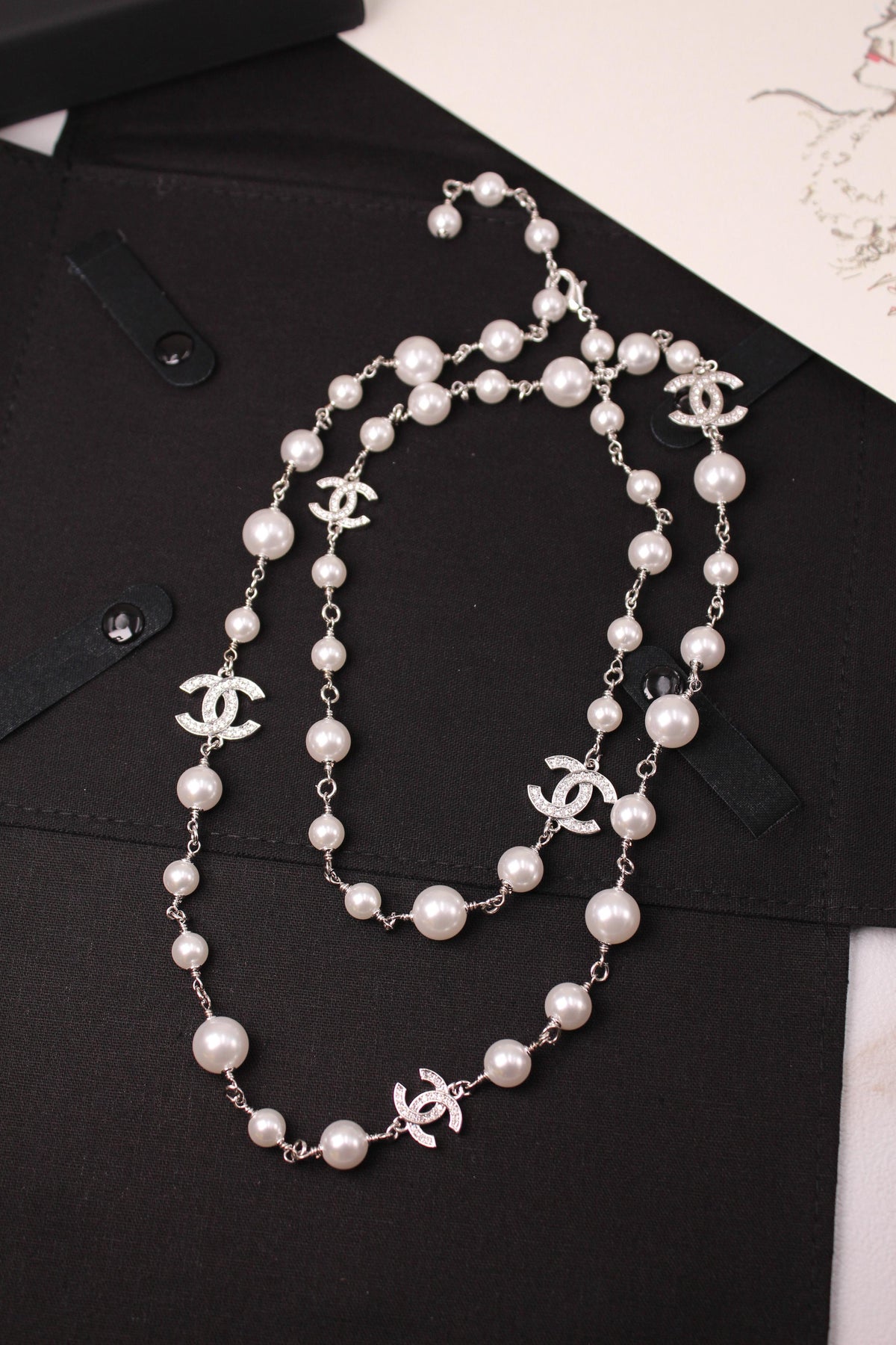 Chanel Crystal CC Glass Pearl Long Sautoir Necklace