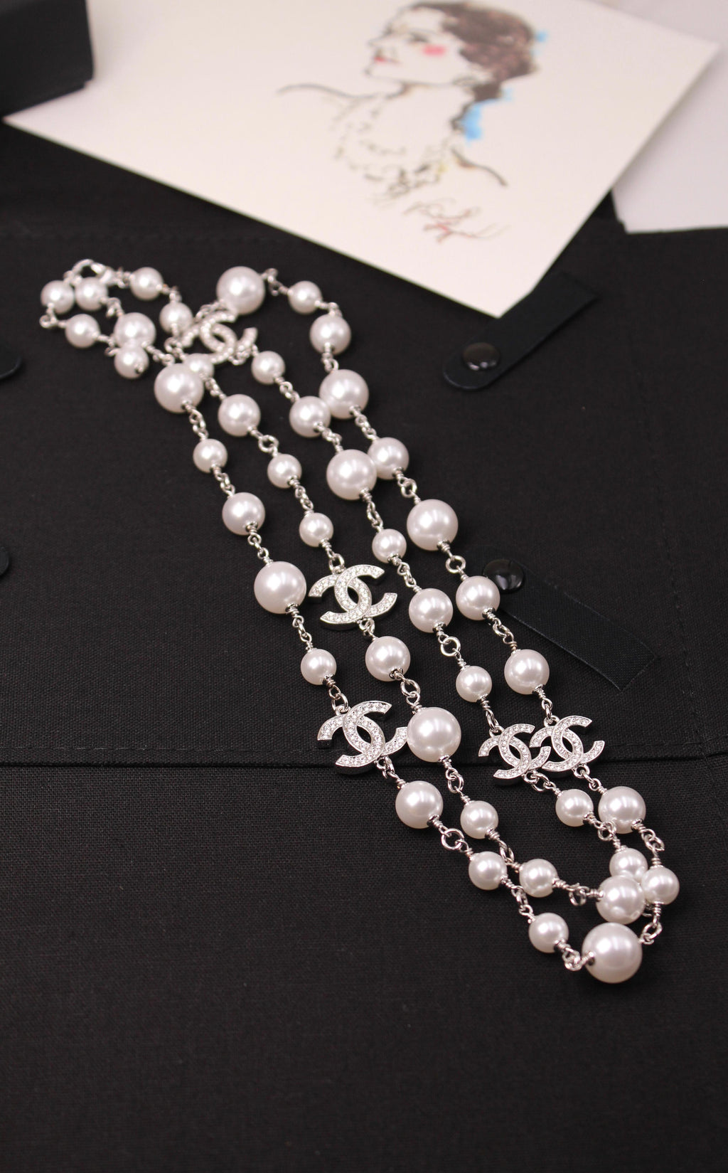 Chanel Crystal CC Glass Pearl Long Sautoir Necklace