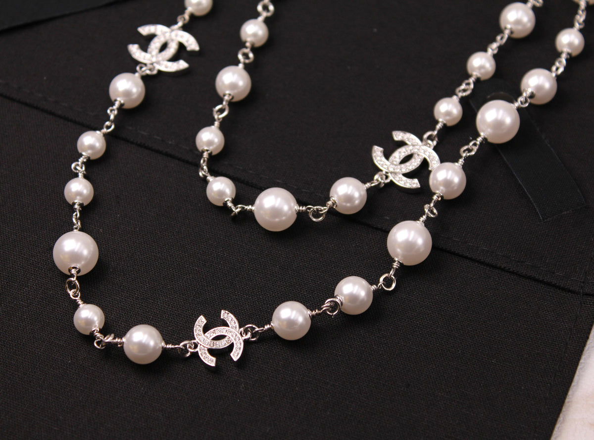 Chanel Crystal CC Glass Pearl Long Sautoir Necklace