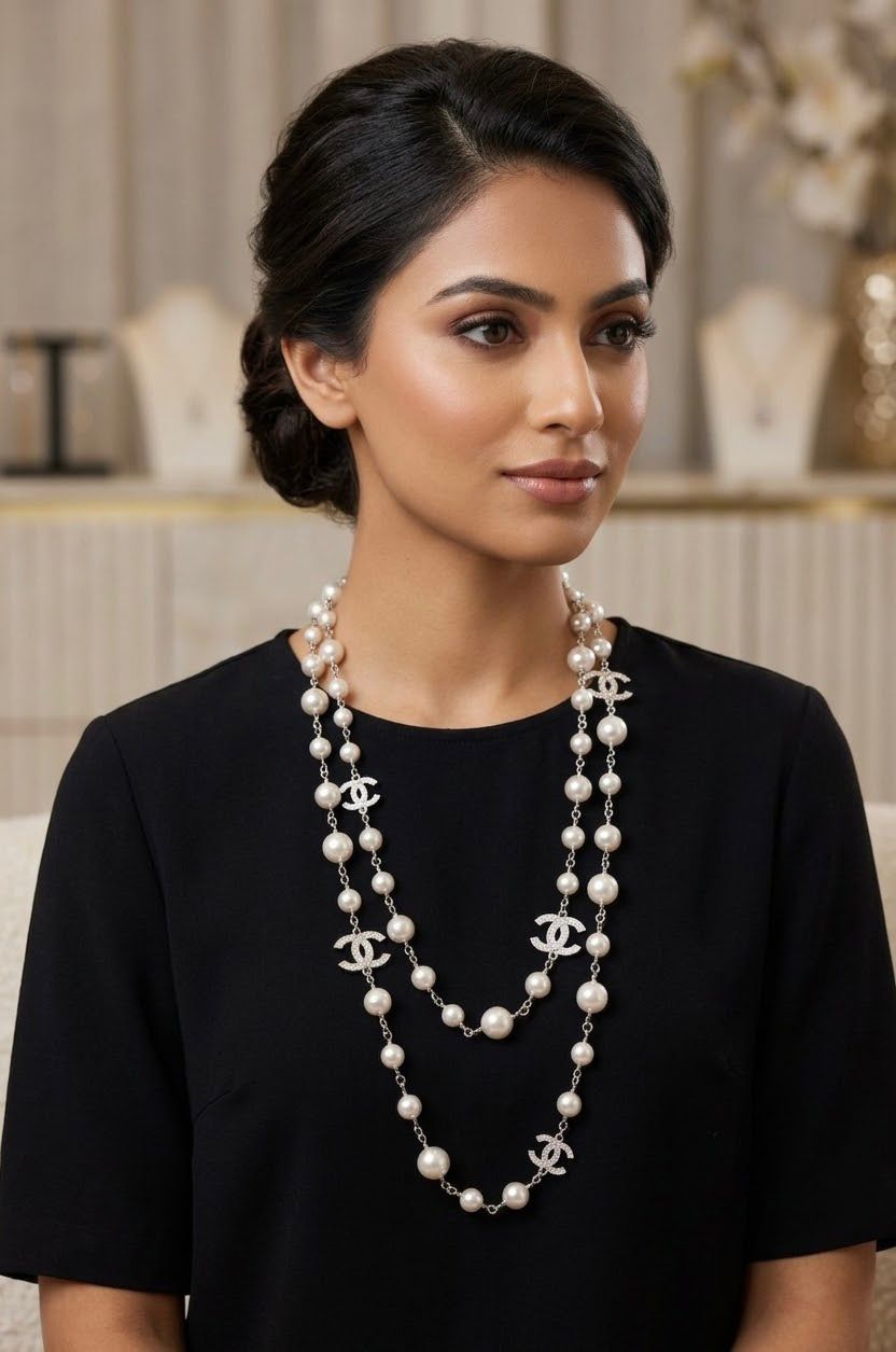 Chanel Crystal CC Glass Pearl Long Sautoir Necklace