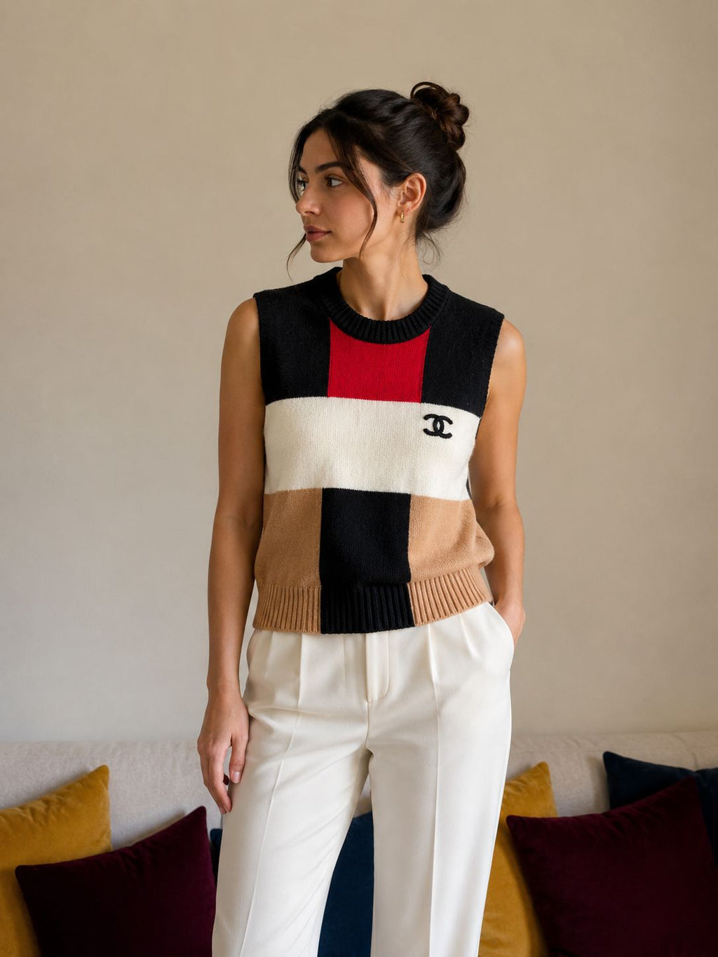 Chanel Cashmere and Wool Colorblock Knit Top
