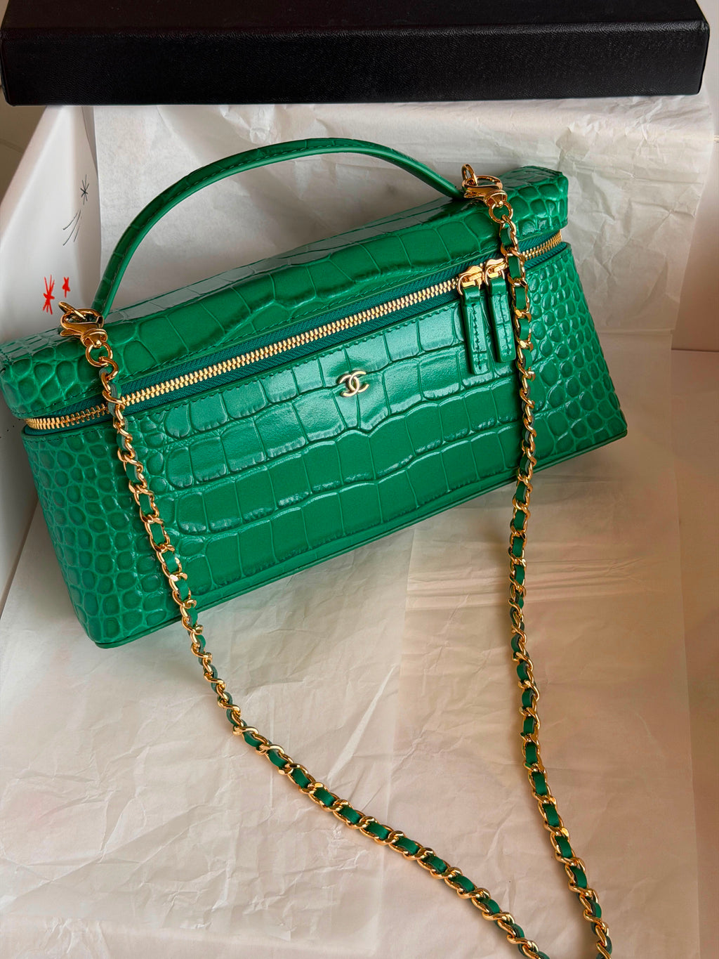 Chanel Crocodile Embossed Calfskin Slim Top Handle Vanity Case with Chain