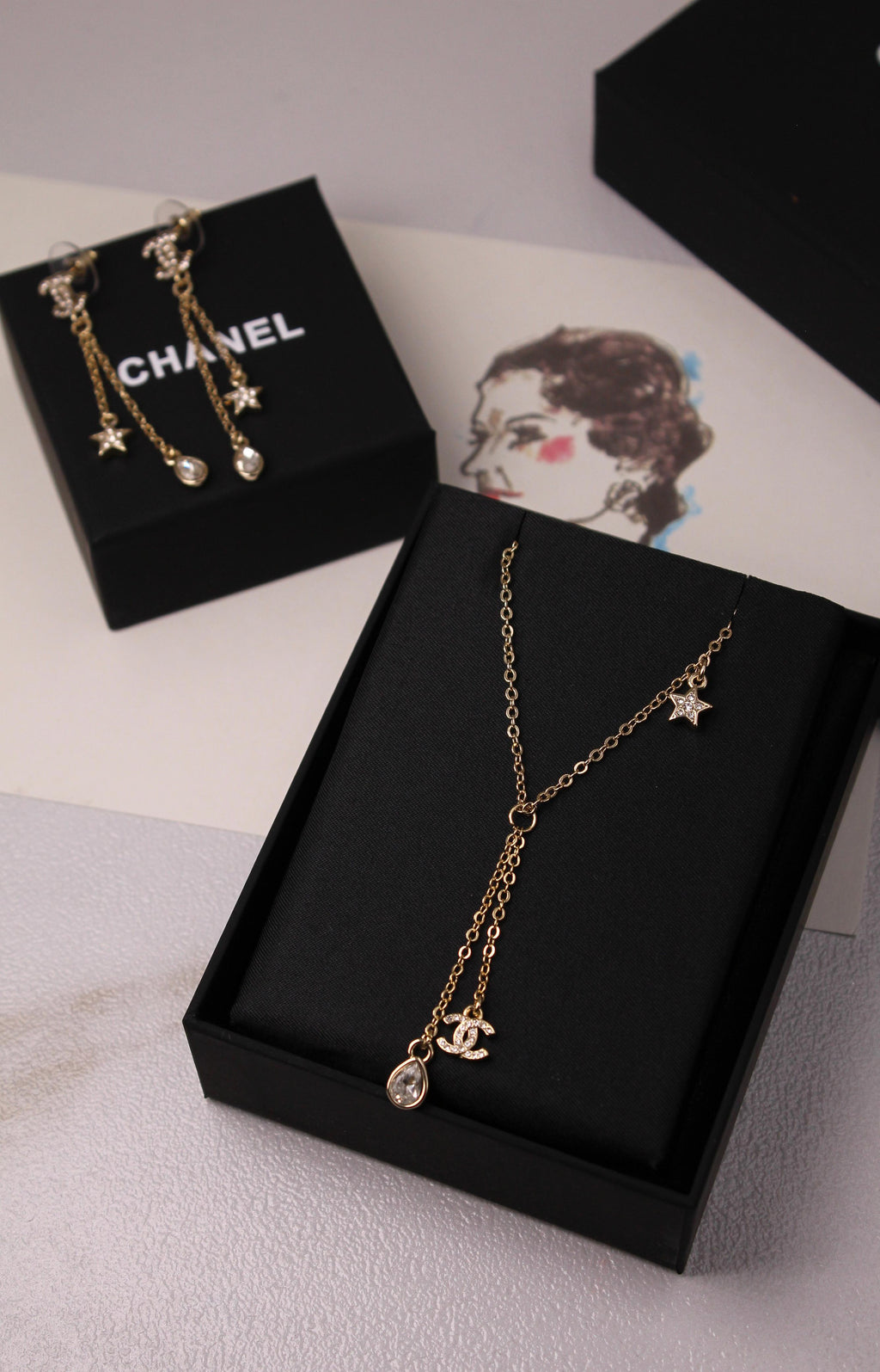 Chanel Crystal CC Star & Tear-Drop Charm Necklace & Earrings Set