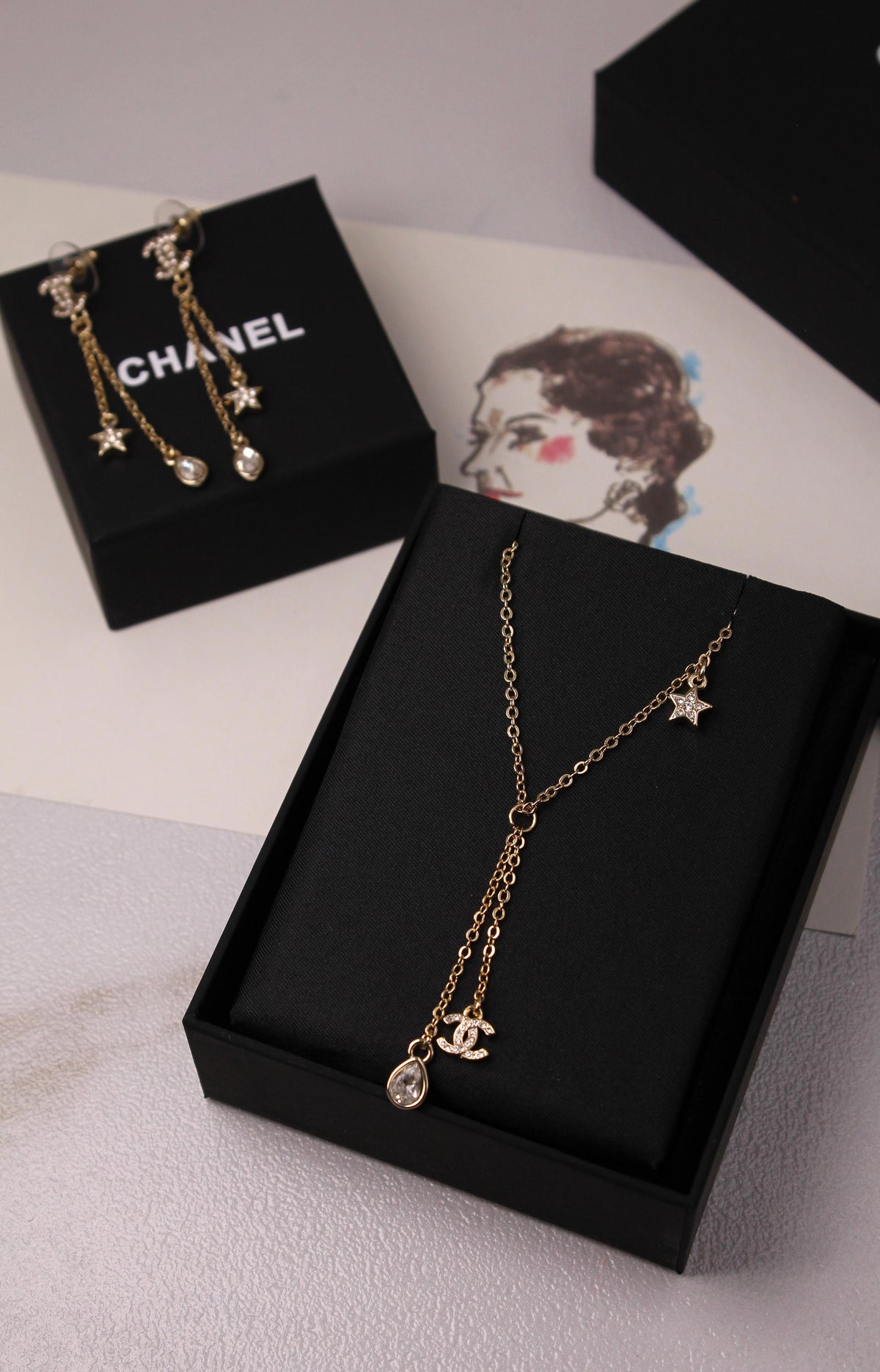 Chanel Crystal CC Star & Tear-Drop Charm Necklace & Earrings Set