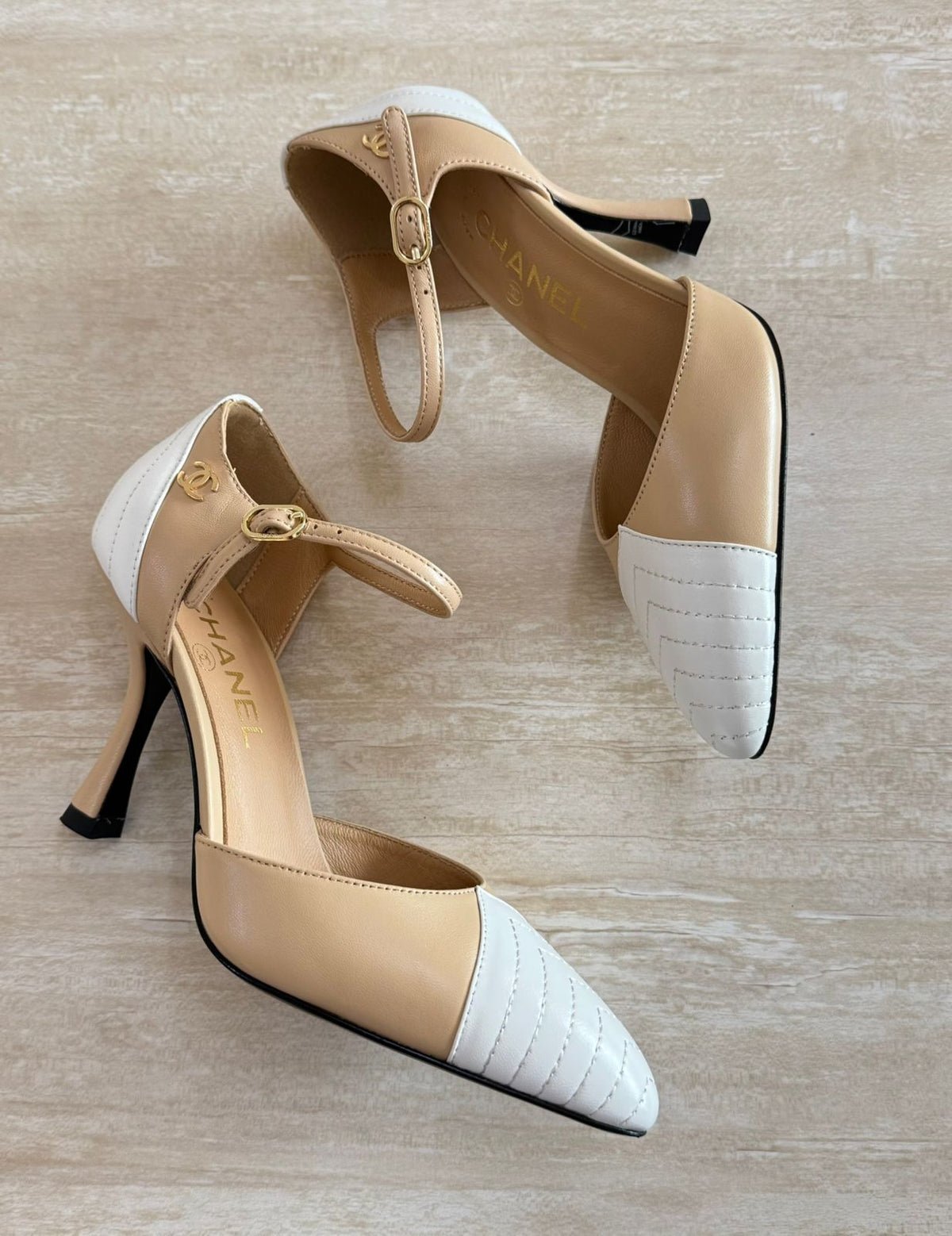 Chanel Chevron-Stitched Two-Tone Mary Jane Pumps