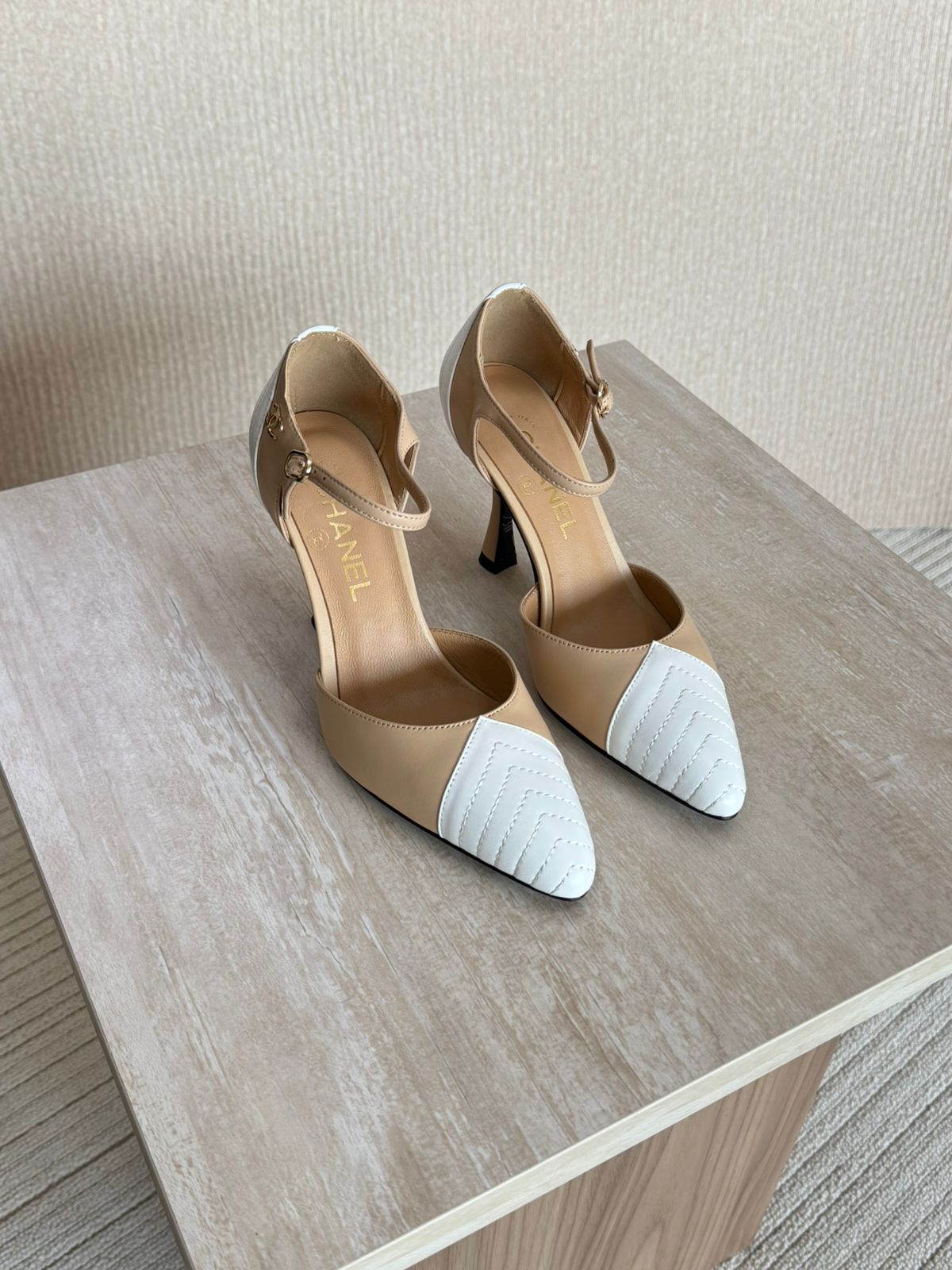 Chanel Chevron-Stitched Two-Tone Mary Jane Pumps