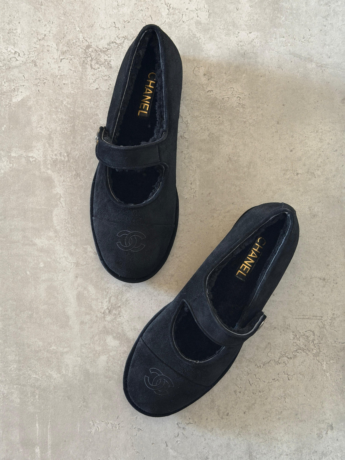 Chanel Suede Shearling Mary Jane Flats