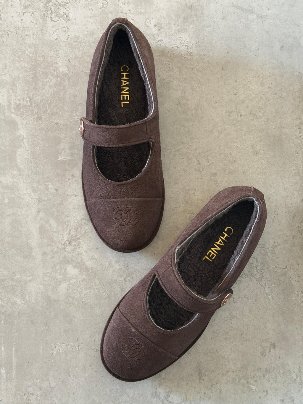 Chanel Suede Shearling Mary Jane Flats