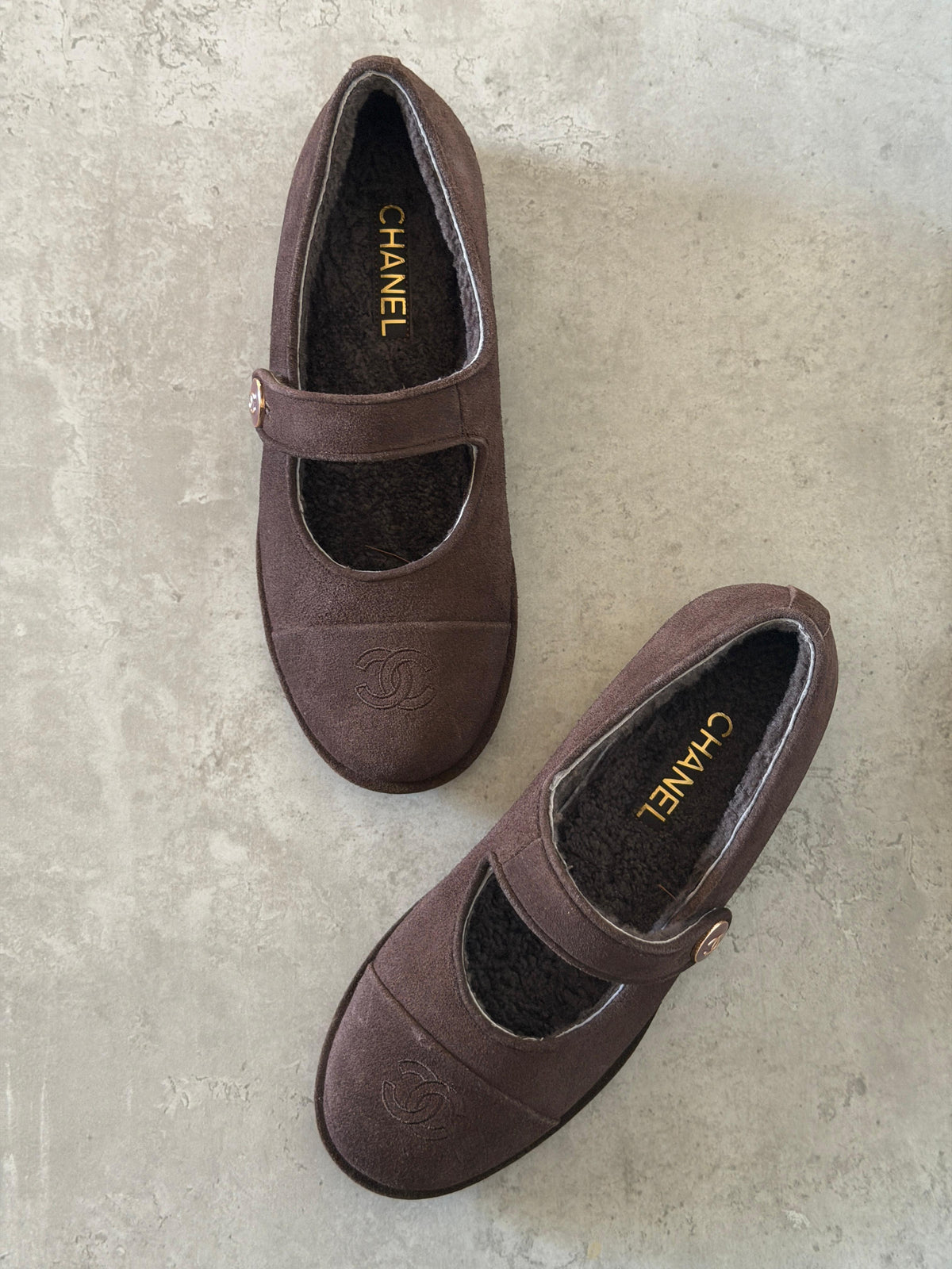 Chanel Suede Shearling Mary Jane Flats
